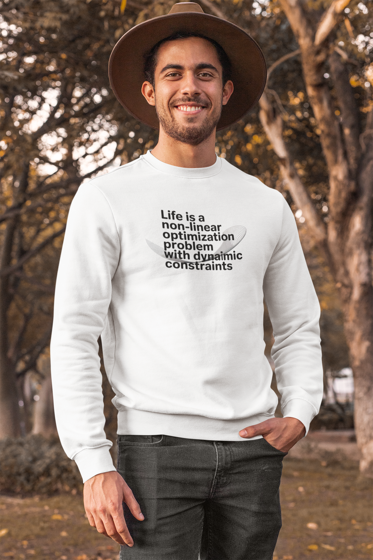 'Life Is a Non-Linear Optimization Problem' sweatshirt in white, man wearing it outdoors, funny math nerd gift