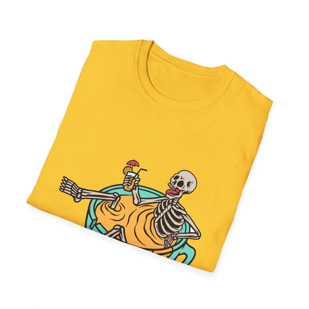 'Relaxing Skull' skeletons in a teacup print folded on yellow t-shirt, funny coffee lover gift