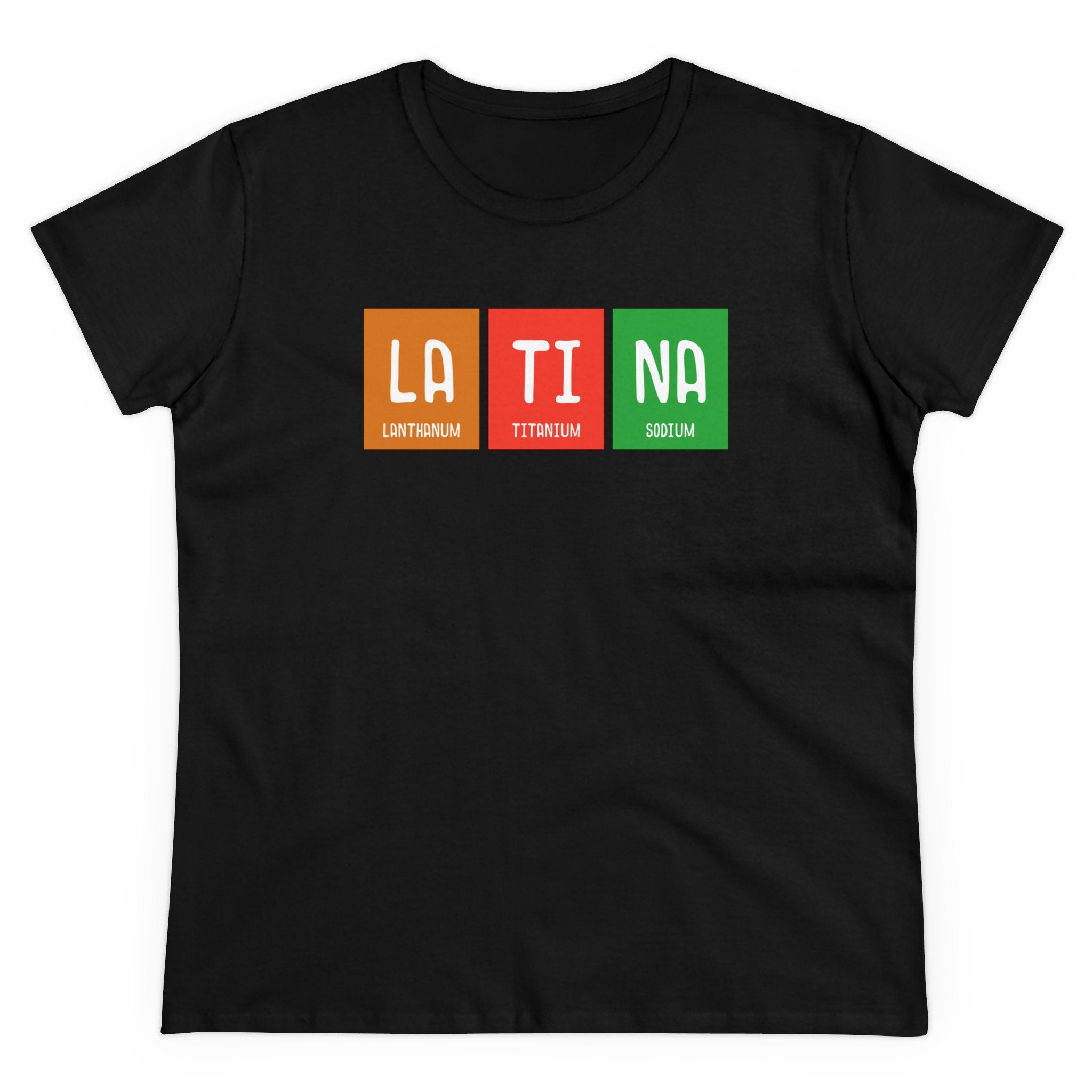 Sure, here is the revised sentence:
"Black T-shirt featuring the word 'LATINA' written using periodic table elements symbols for Lanthanum (La), Titanium (Ti), and Sodium (Na). This **LA-TI-NA - Women's Tee** is crafted from US-grown cotton, offering comfort and style with its clever LA-TI-NA design.