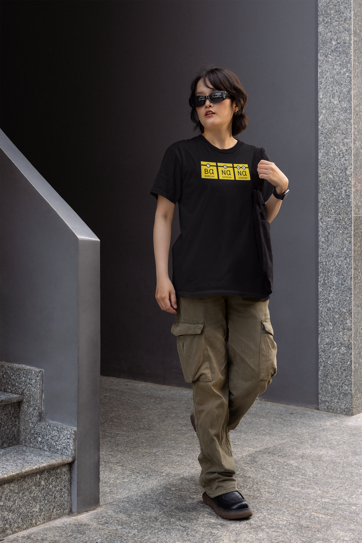Ba-Na-Na periodic table banana element pun graphic tee, model wearing it in natural light