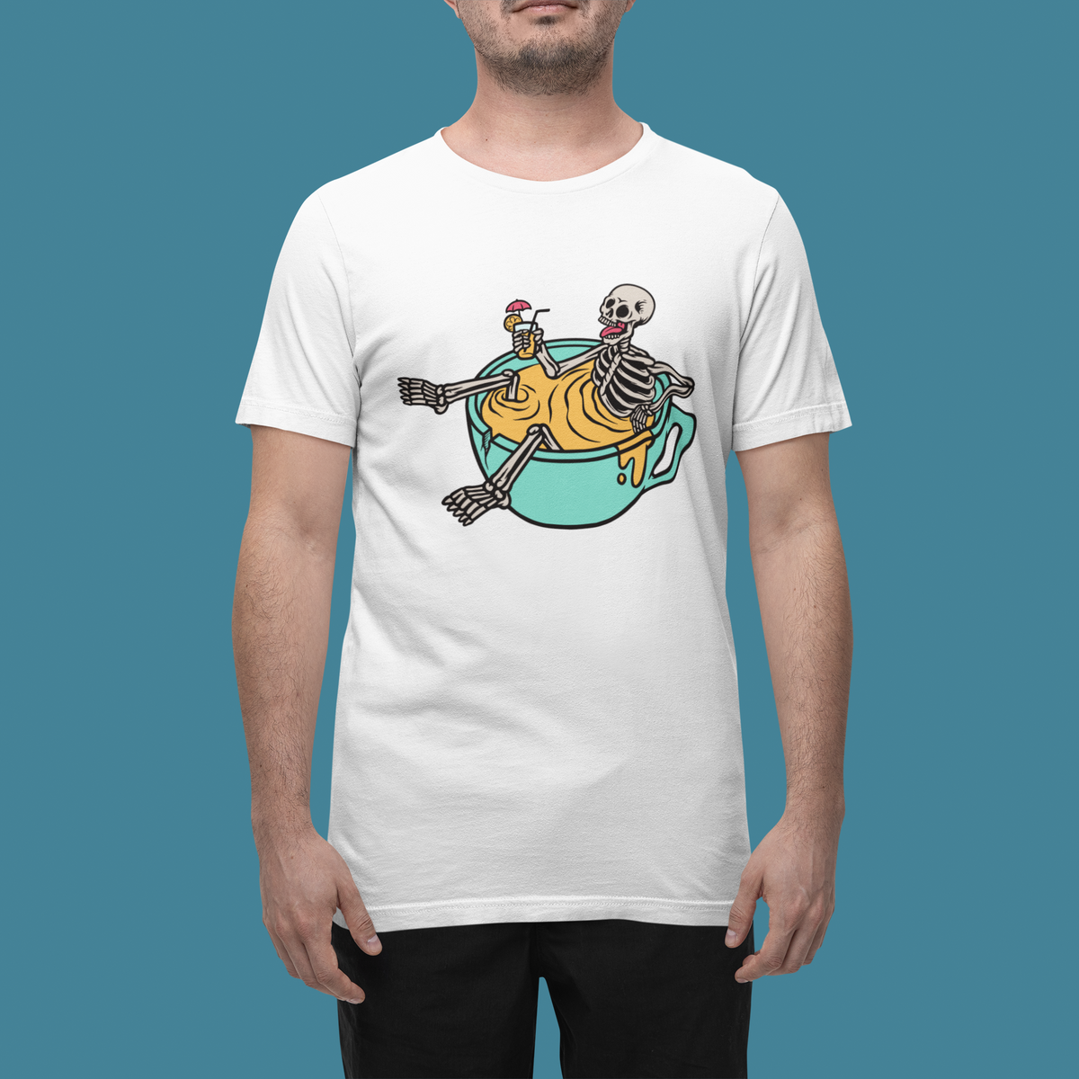 'Relaxing Skull' t-shirt in white, man wearing it against blue backdrop, funny coffee lover gift