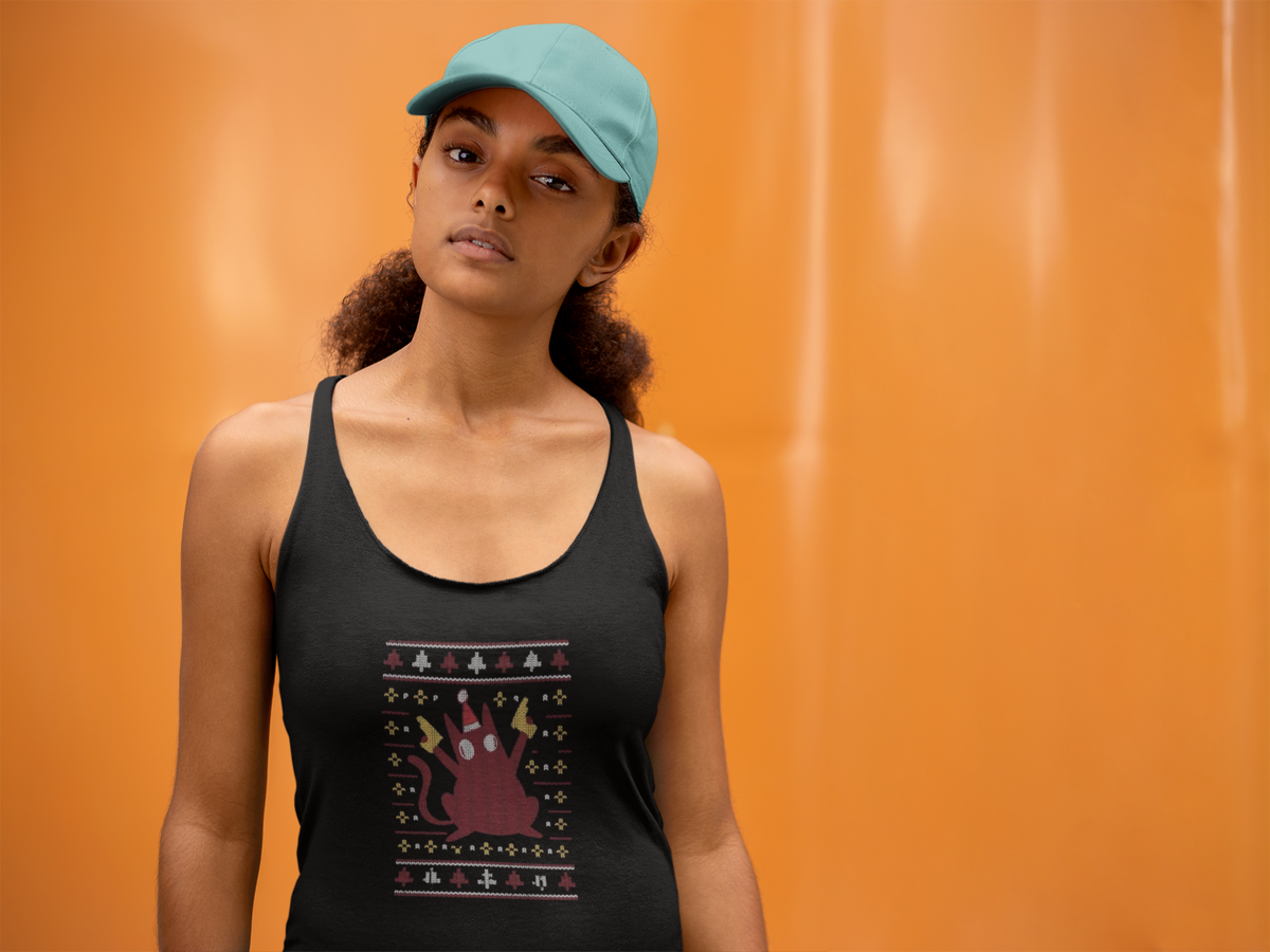 'Ugly Cat' racerback tank top in black, woman wearing it by an orange wall, Tank Top mockup, Geekpsters