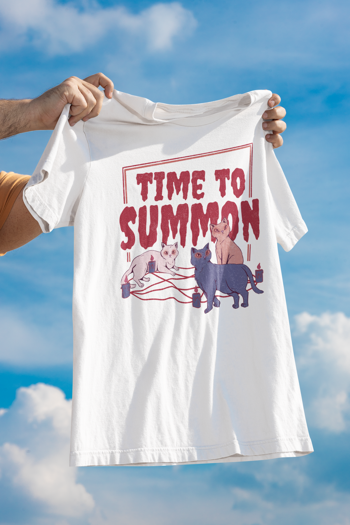 'Time to Summon' cat T-shirt in white, held up outdoors against a blue sky, funny gift for cat lovers