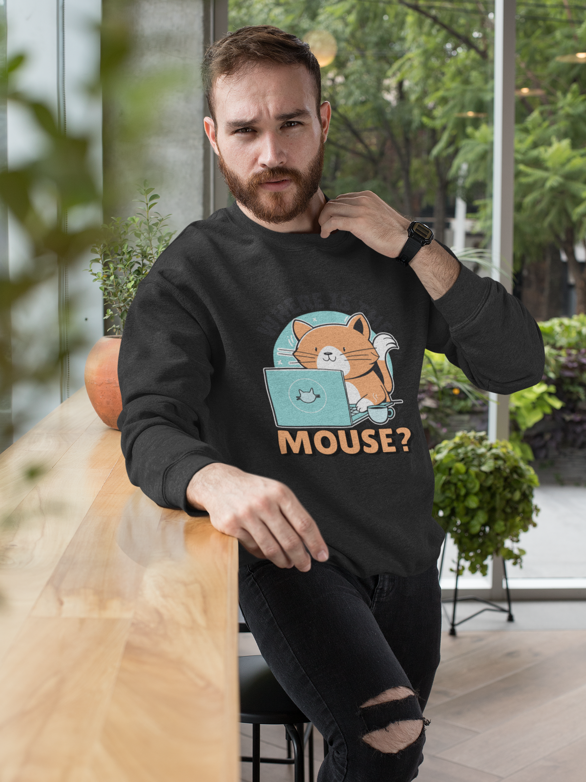 "Where Is The Mouse?" cat graphic sweatshirt in black, bearded man wearing it in the city, funny gift for him