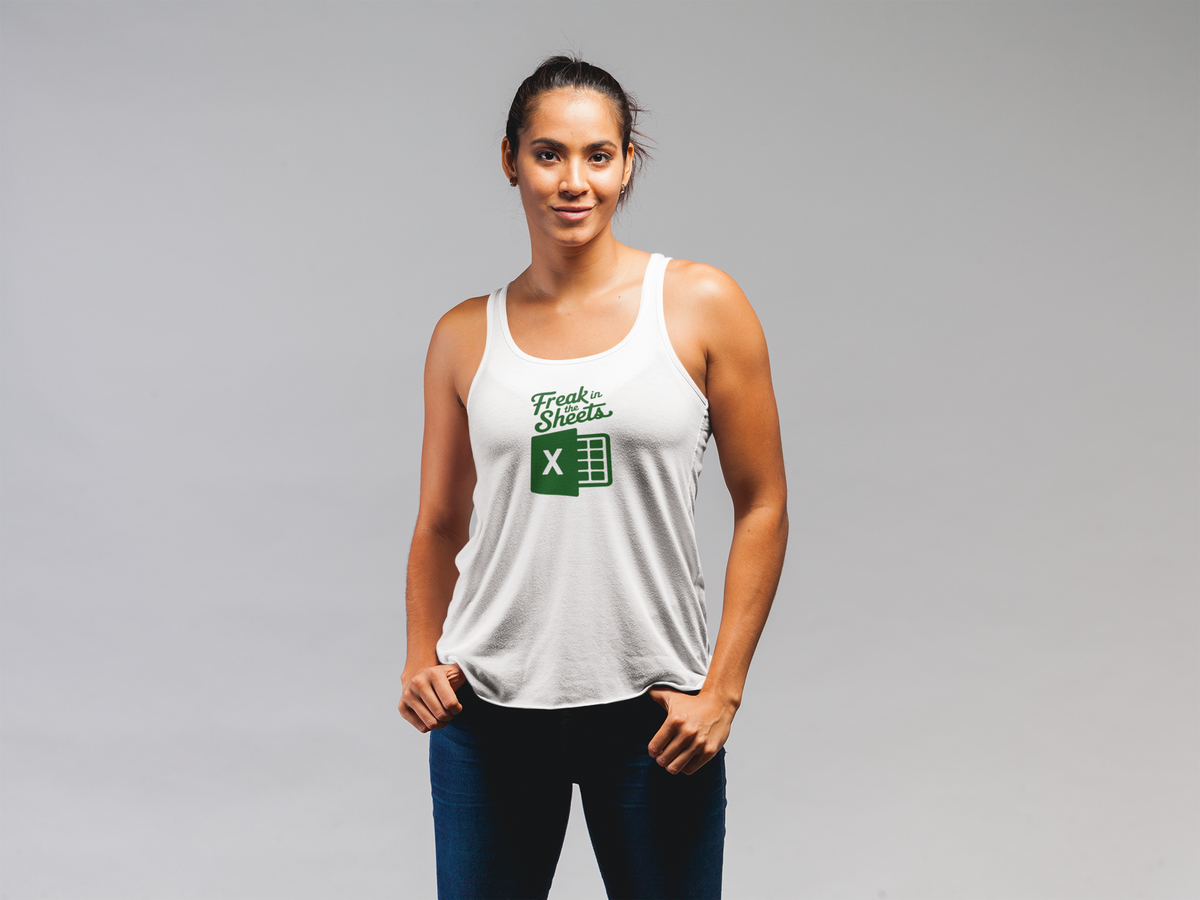 'Freak In The Sheets' tank top in white, woman wearing it in studio, funny gift for Excel lovers