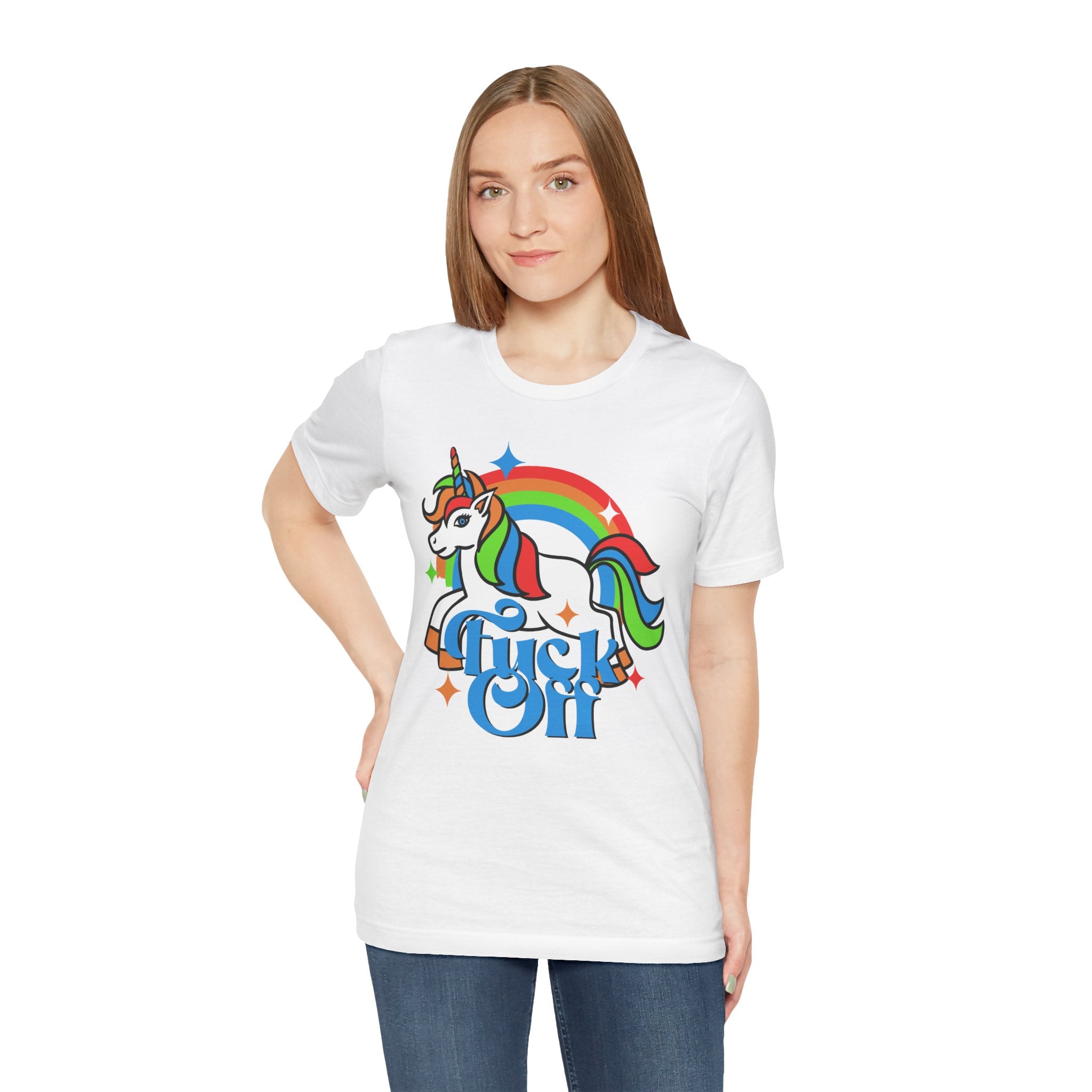 Woman wearing a white F off T-shirt with a colorful unicorn and a rainbow design that reads "chill out.