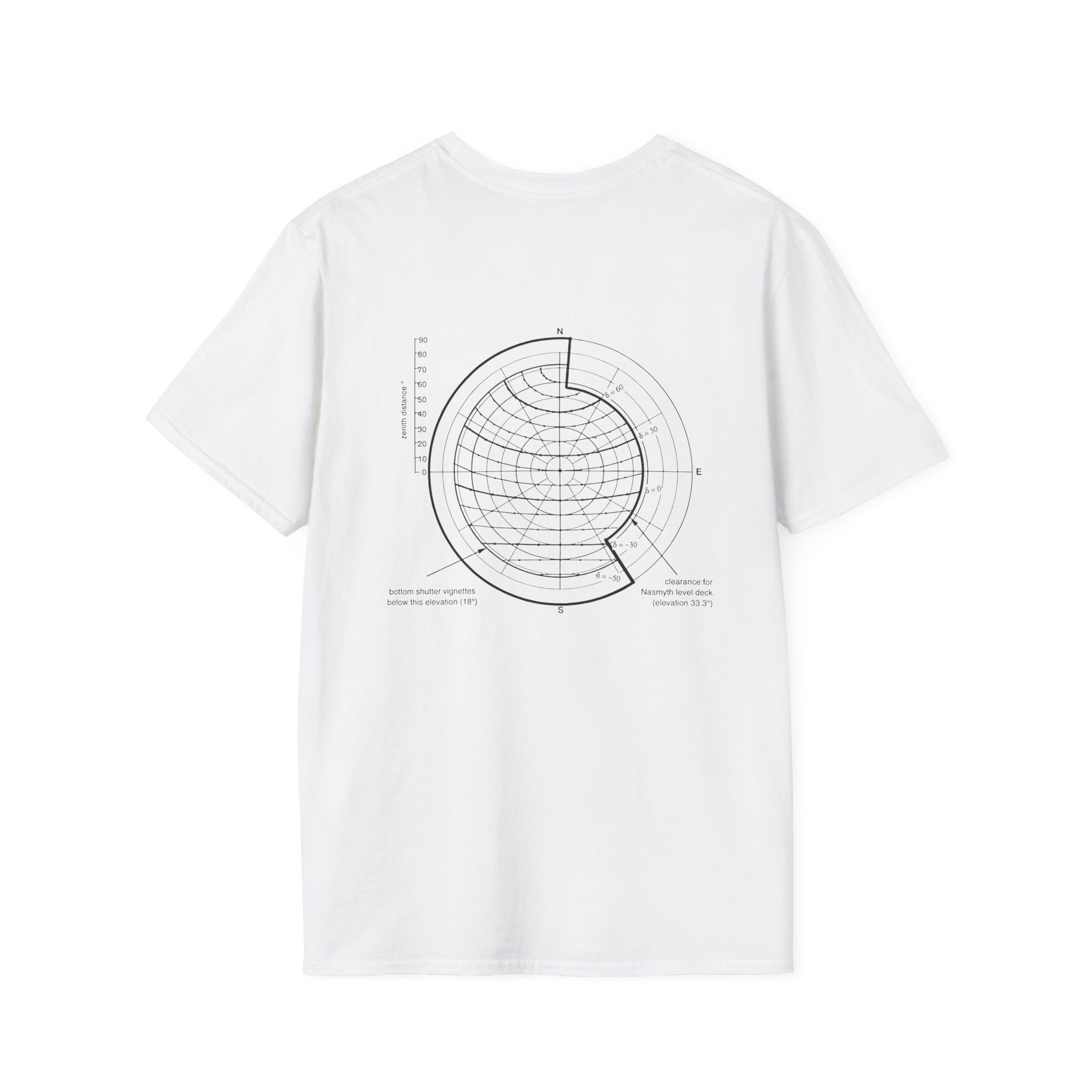 Introducing the Spherical Angles T-Shirt: a comfortable and stylish white tee crafted from soft cotton, showcasing a circular technical design with detailed labels and annotations at its center back. Available in various sizes, this shirt perfectly combines comfort and fashion.