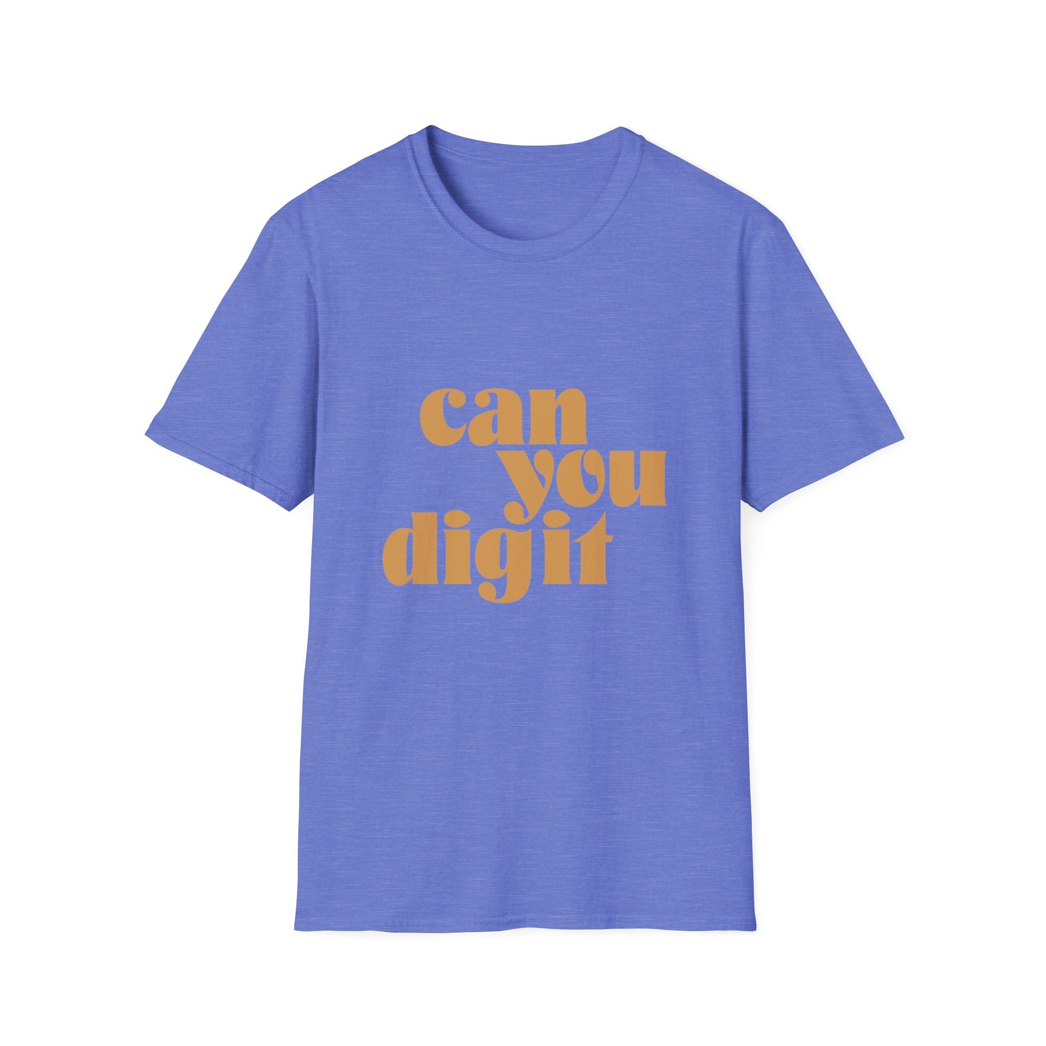 A blue t-shirt with the text "Can You Digit" printed in large, mustard yellow letters on the front.