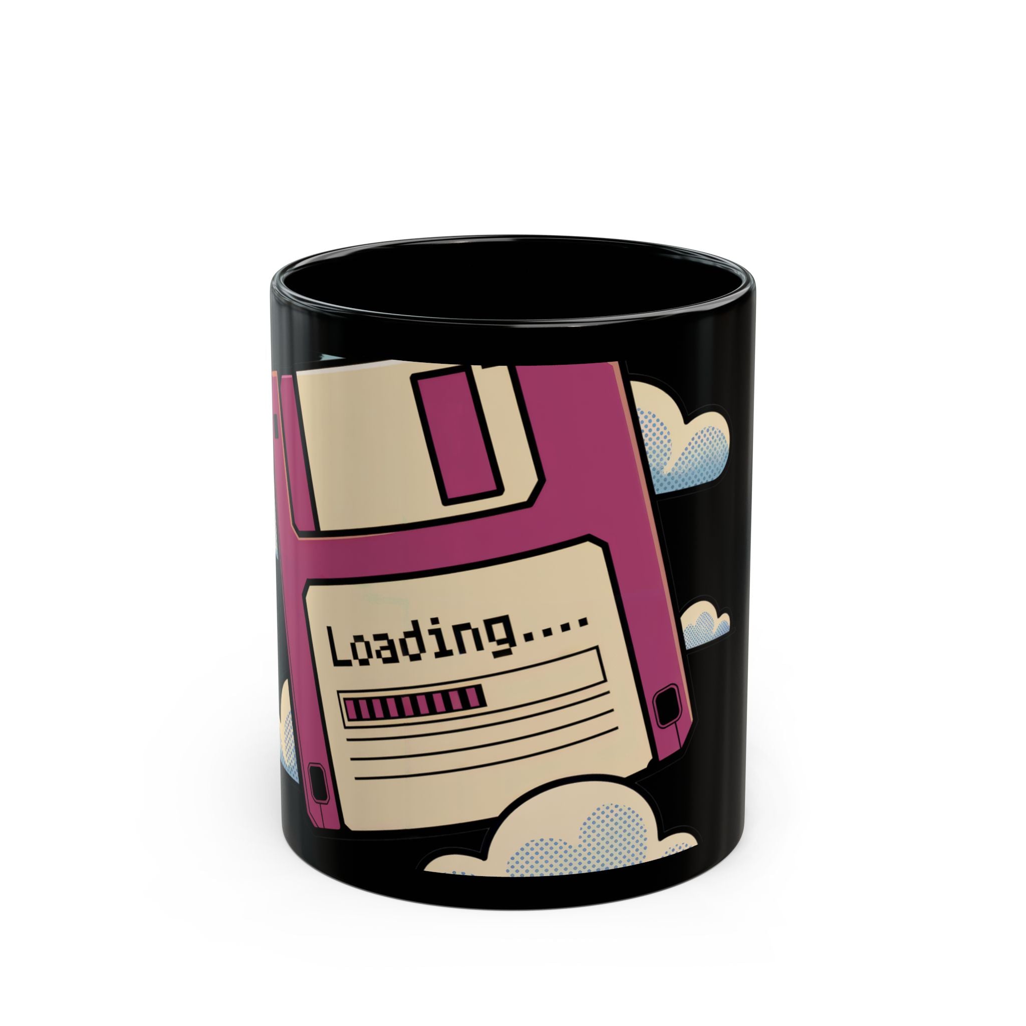 The Floppy disk - Black Mug features a retro floppy disk design with "Loading..." and a progress bar, surrounded by cartoon clouds—an ideal coffee gift for programmers and retro storage fans.