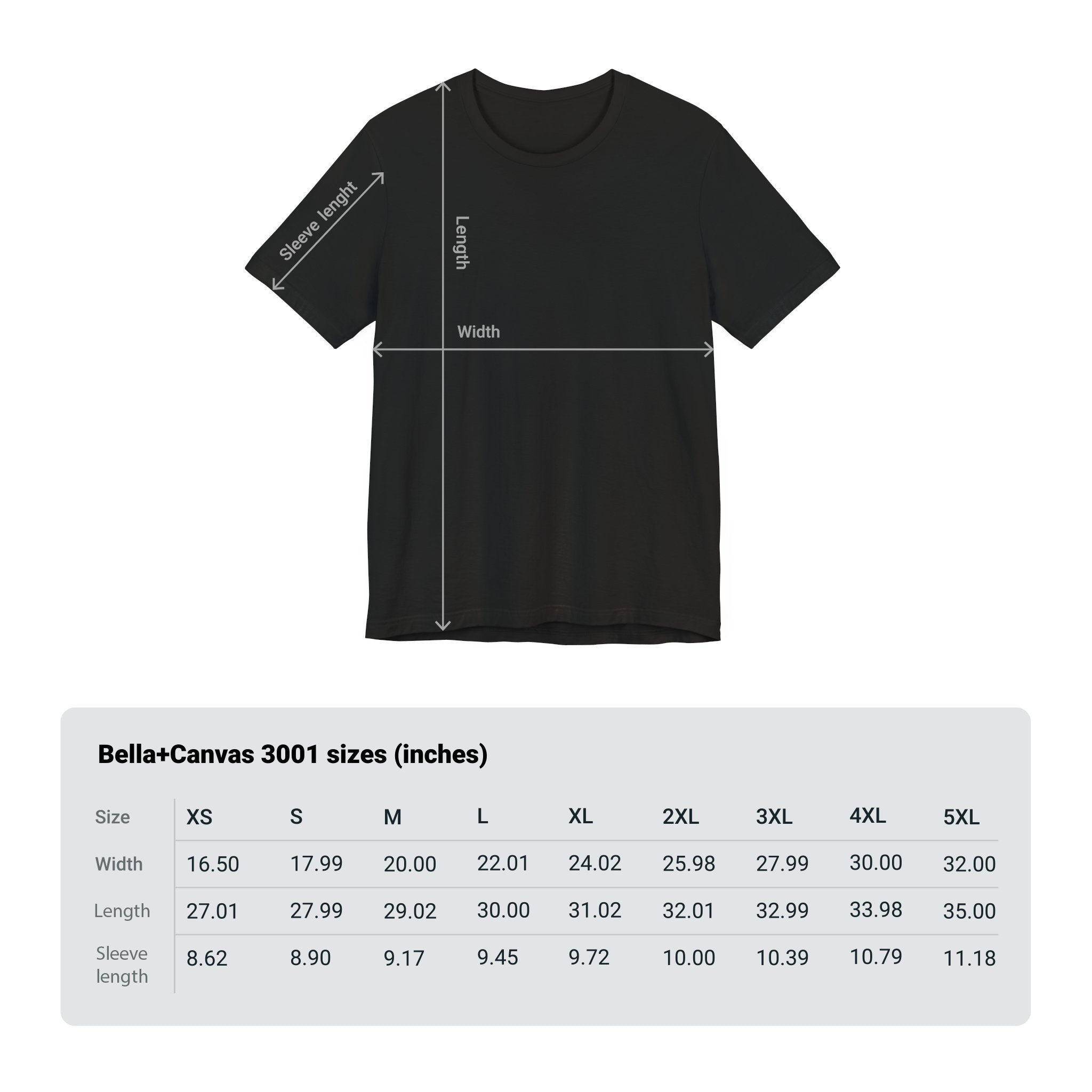 Coding Samurai T-Shirt with size chart measurements displayed for various sizes from XS to 5XL, made from breathable Airlume combed cotton.