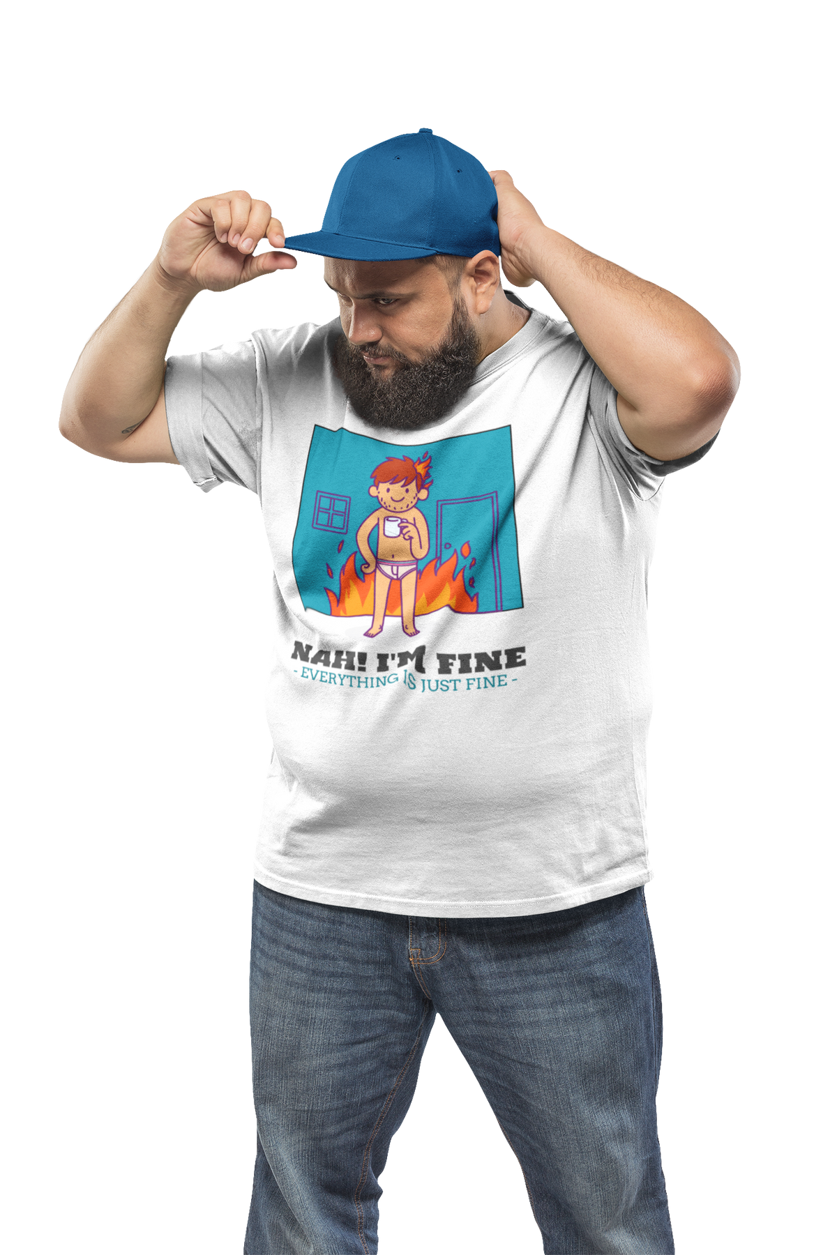 'Nah! I'm Fine' this is fine meme t-shirt in white, man adjusting cap wearing it, funny sarcastic gift