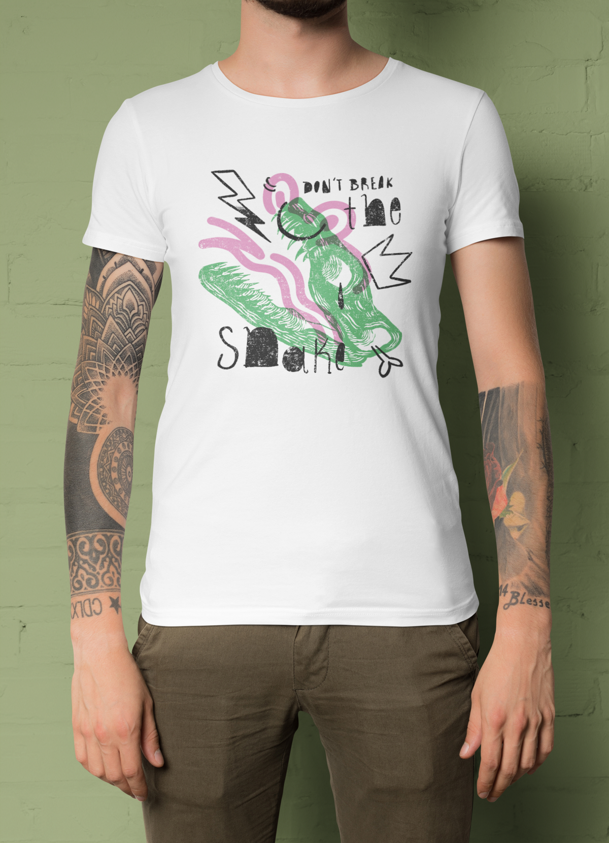 'Don't Brake The Snake' t-shirt in white, tattooed woman wearing it, quirky desert gift shirt