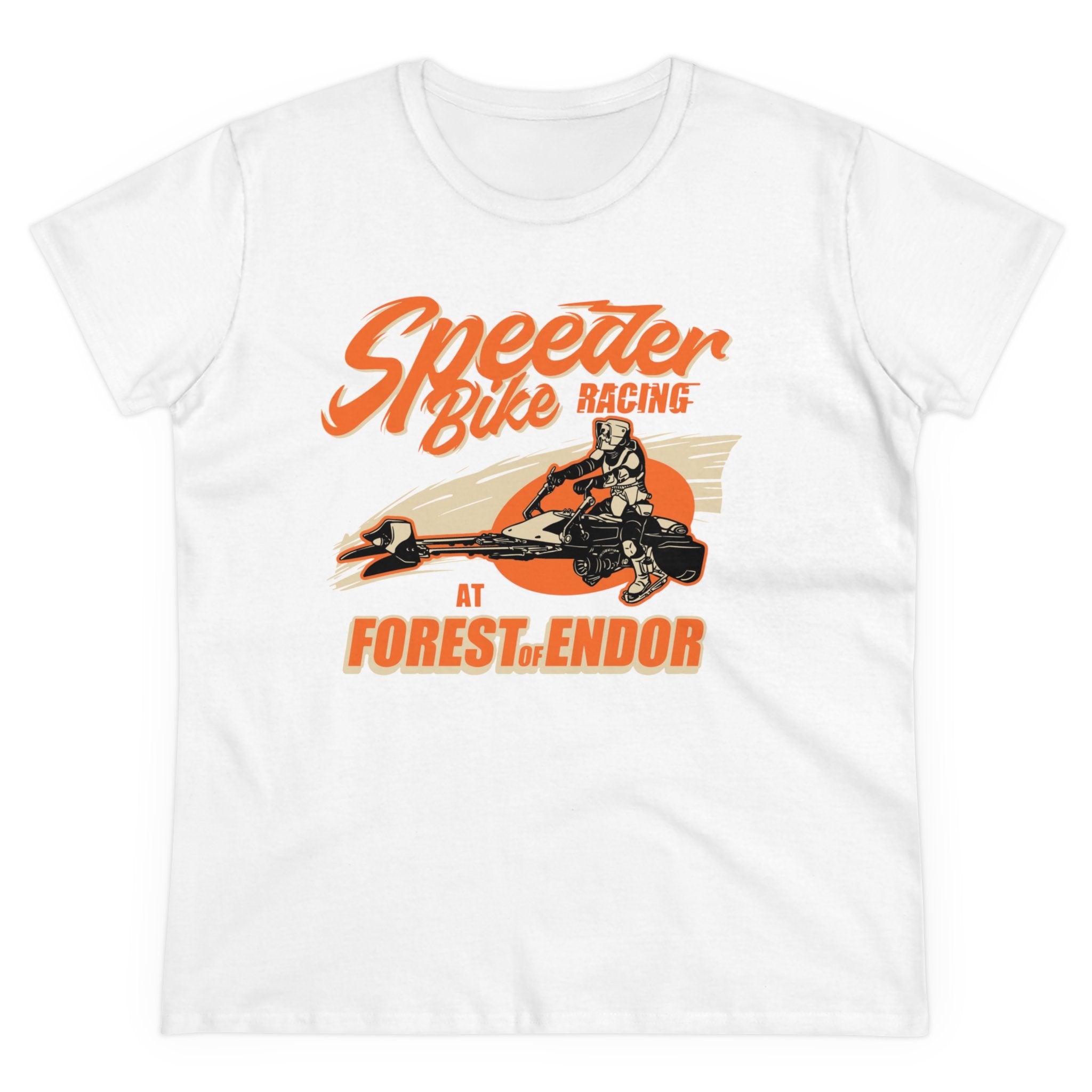 Speeder Bike Racing - Women's Tee featuring an orange and black graphic of a person riding a speeder bike. Text reads "Speeder Bike Racing at Forest of Endor.