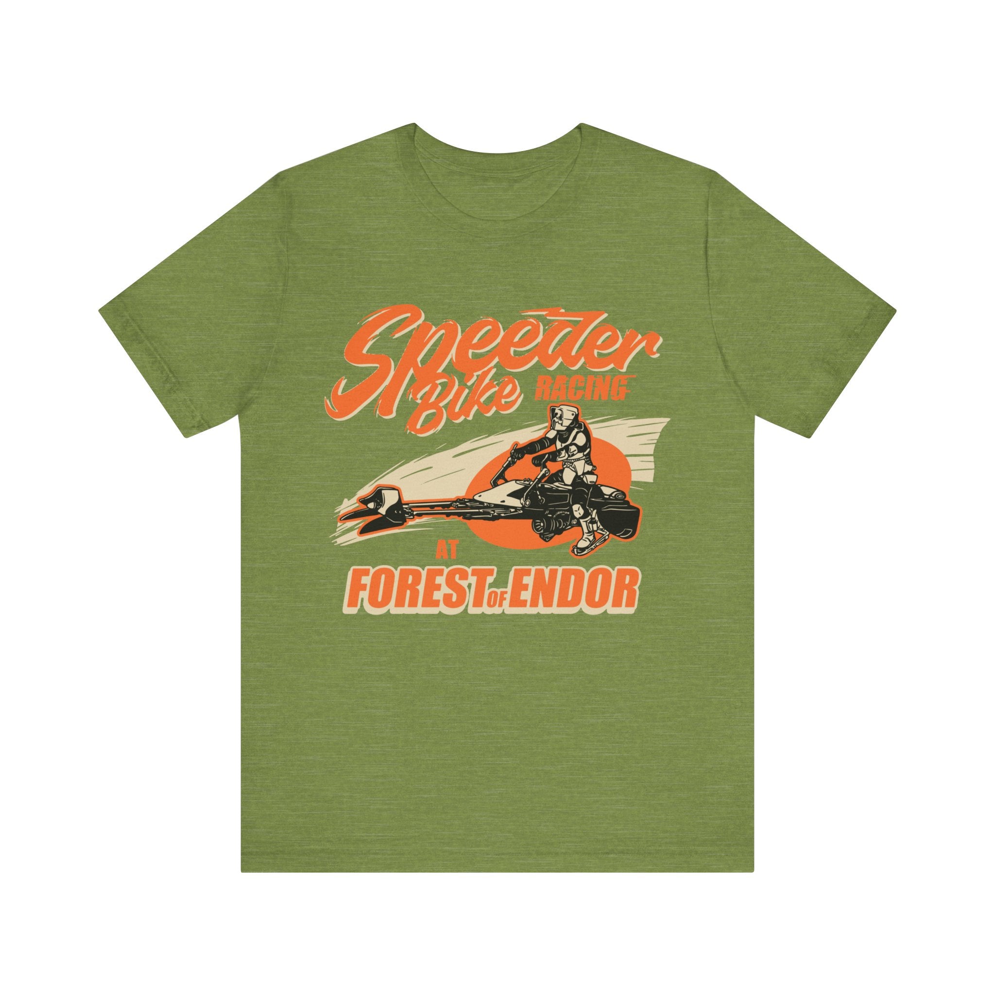Green jersey tee featuring a vintage-style graphic of Speeder Bike Racing at Forest Endor.