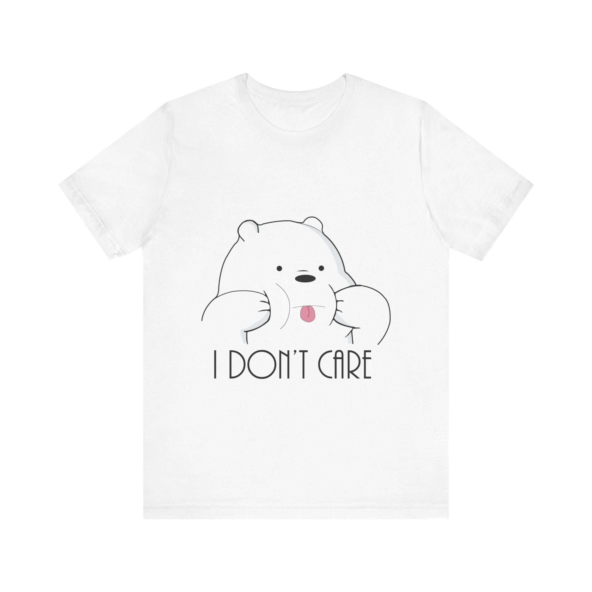 I Don't Care Panda T-Shirt with a graphic of a cartoon panda sticking out its tongue and the phrase "i don't care" printed below.