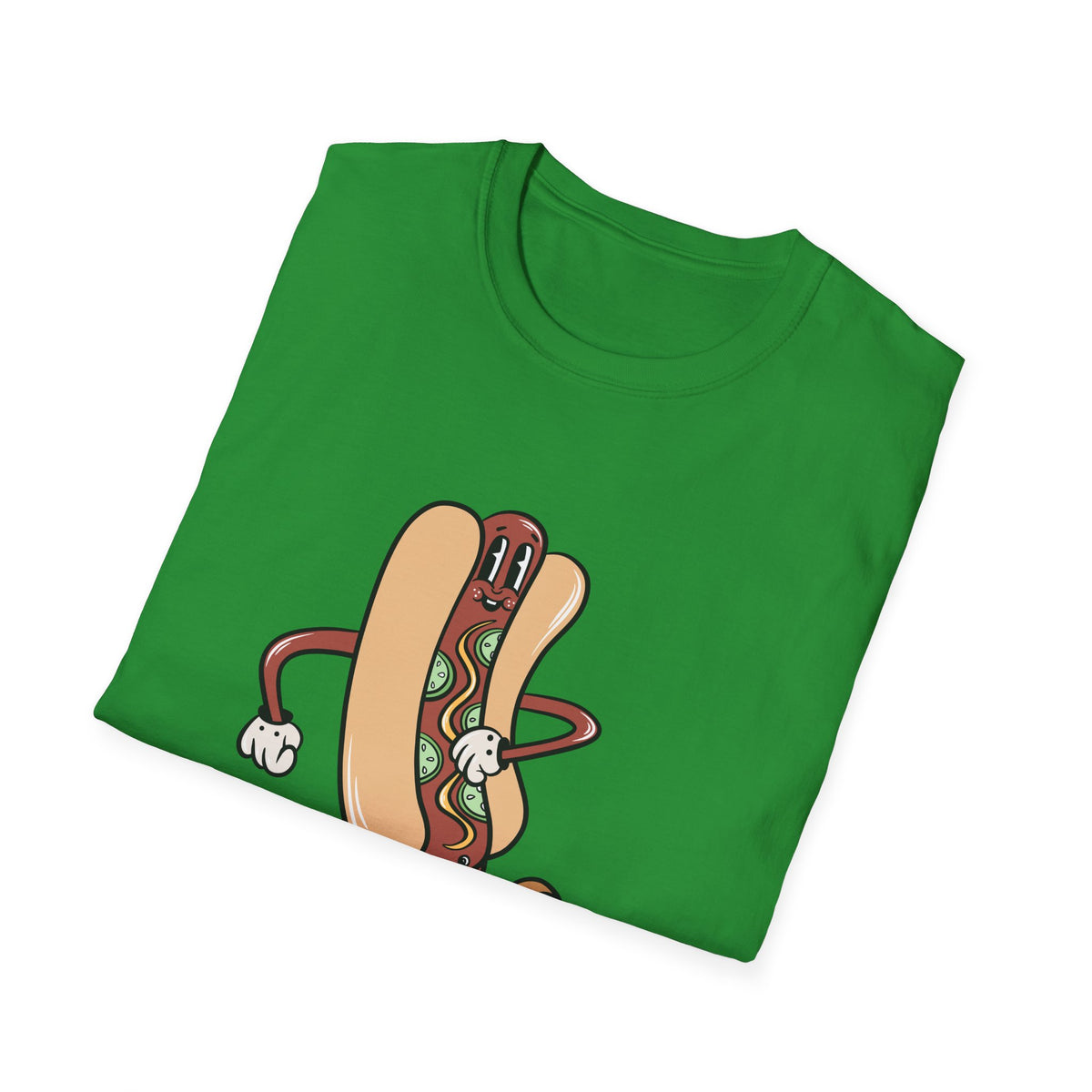 Hotdog Cartoon t-shirt in green, folded flat lay showing front print, funny food lover gift