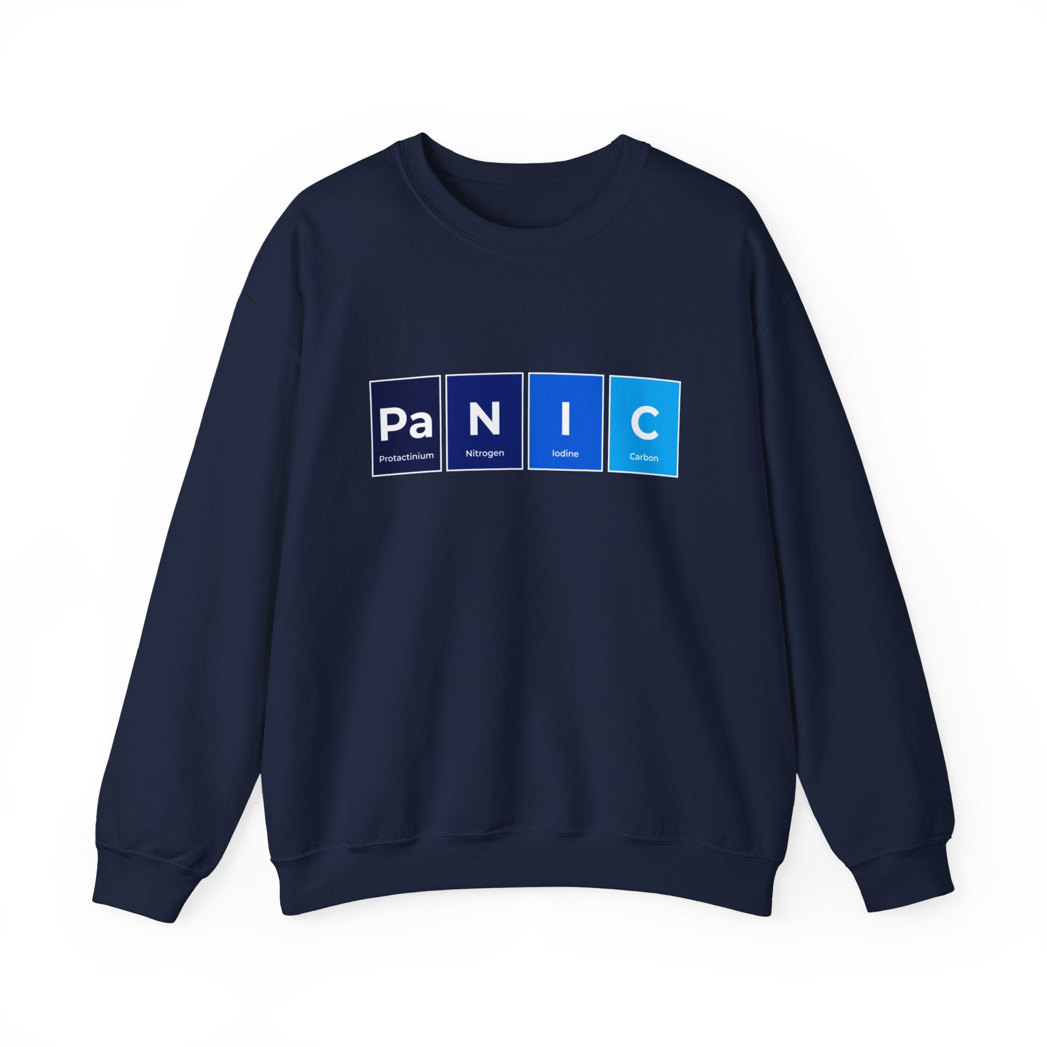Navy blue Pa-N-I-C - Sweatshirt with a cozy design, using periodic table elements Plutonium, Nitrogen, Iodine, and Carbon—a perfect choice for the colder months.
