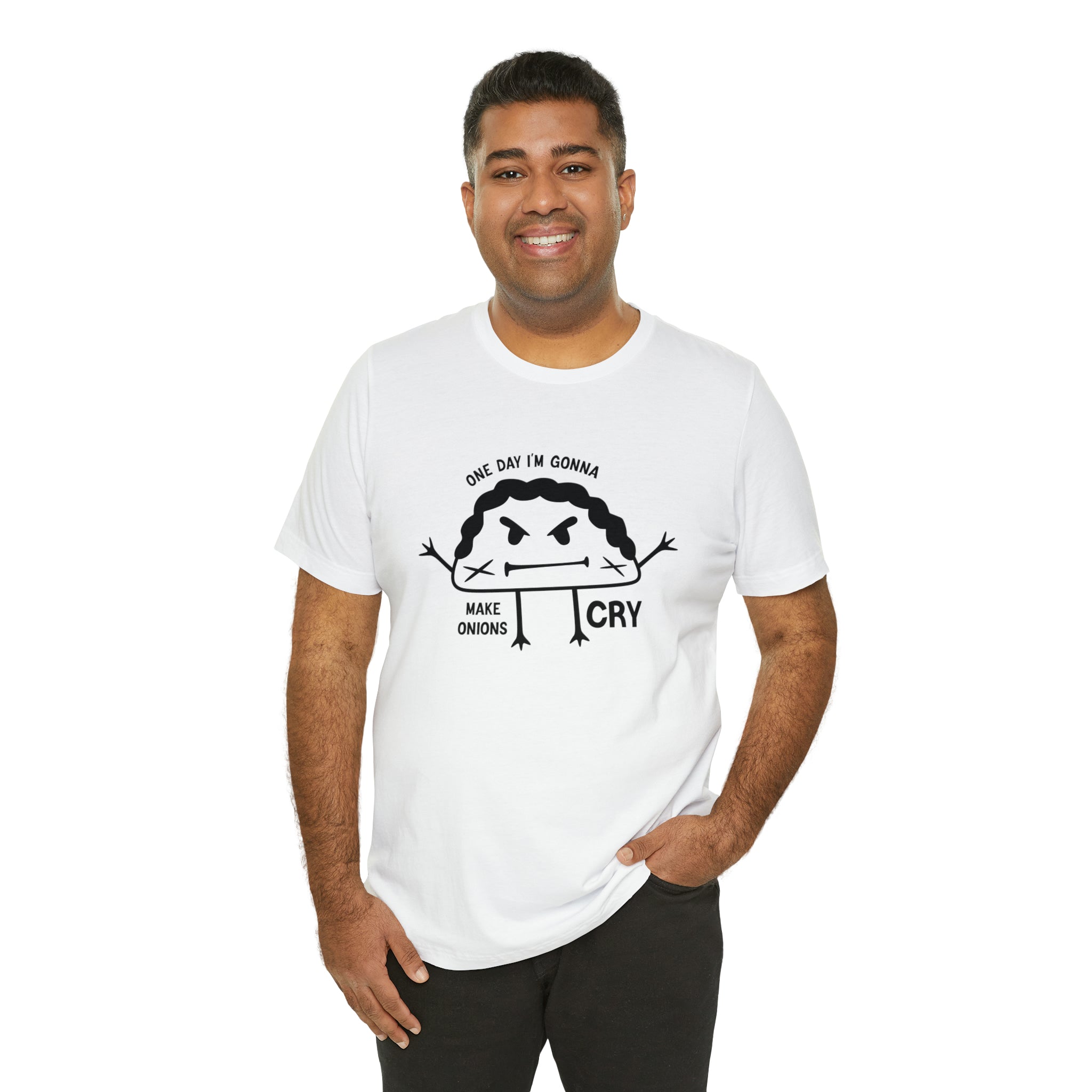A man wearing a unique One Day Im Gonna Make Onions Cry T-Shirt.