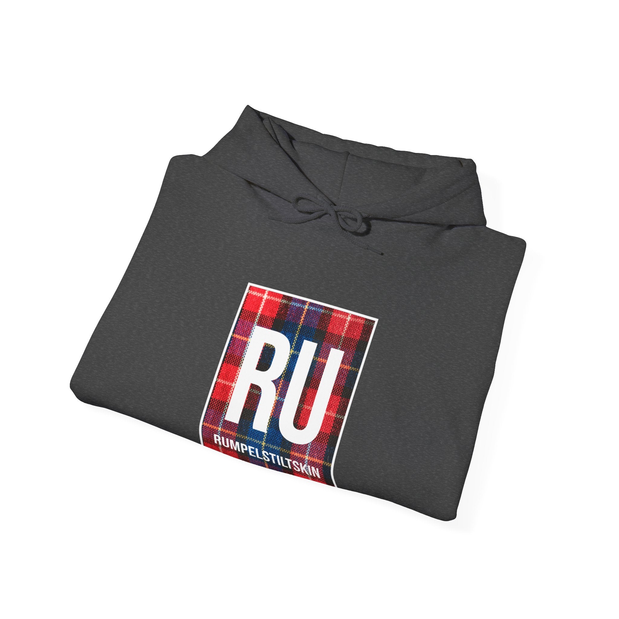 Folded dark gray RU - Hooded Sweatshirt featuring a plaid-patterned "RU" logo and the word "Rumpelstiltskin" below it, offering the perfect blend of style and ultimate comfort.