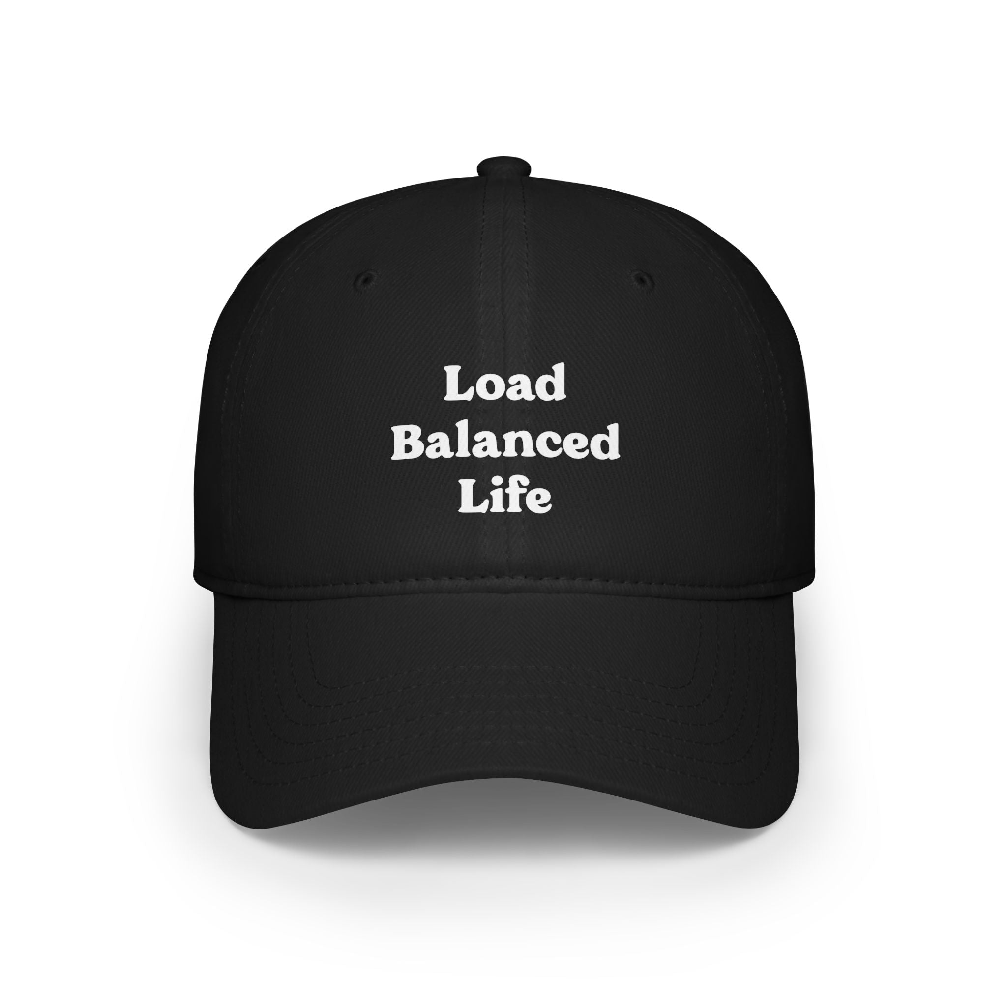 The "Load Balanced Life" hat is a luxurious black baseball cap, featuring reinforced stitching and an elegant white print of the brand name on the front.