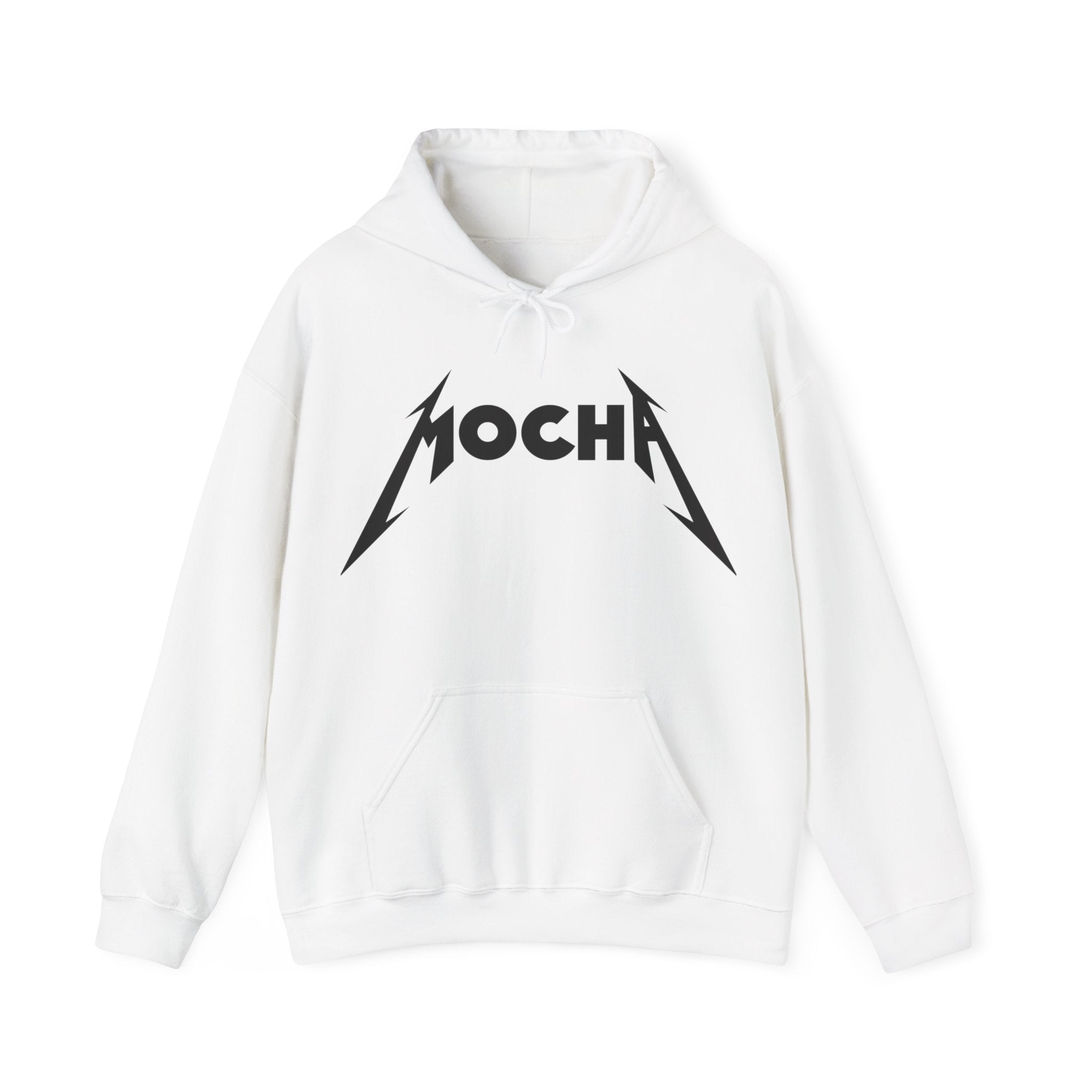 The Mocha - Hooded Sweatshirt offers style and comfort with its white hoodie featuring a hood and front pocket, printed with the text "MOCHA" in a unique and tasteful black font resembling the Metallica logo.