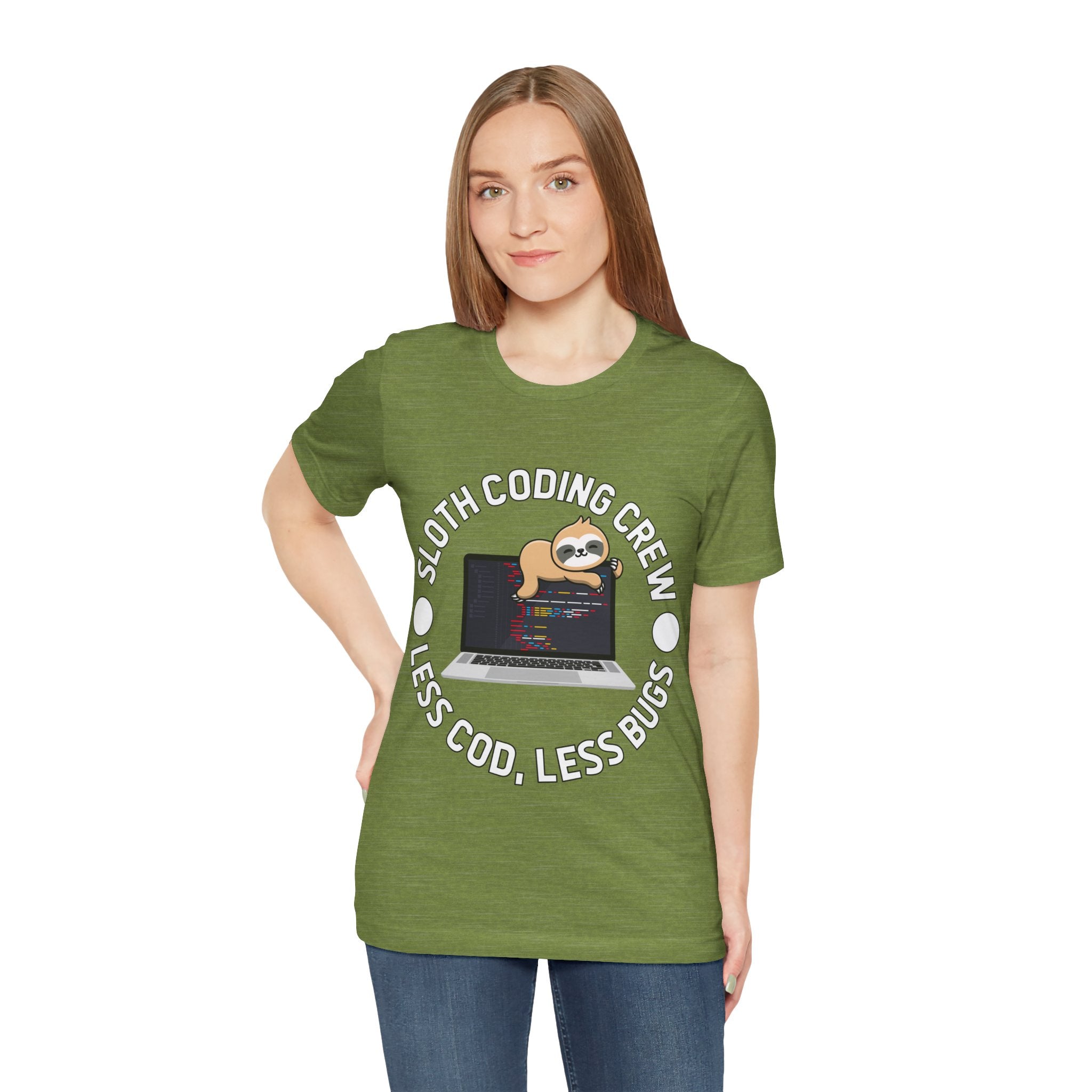 Woman in a green Sloth Coding Crew Less Cod Less Bugs tee featuring a cartoon sloth and the words "Sloth Coding Crew: less cod, less bugs.