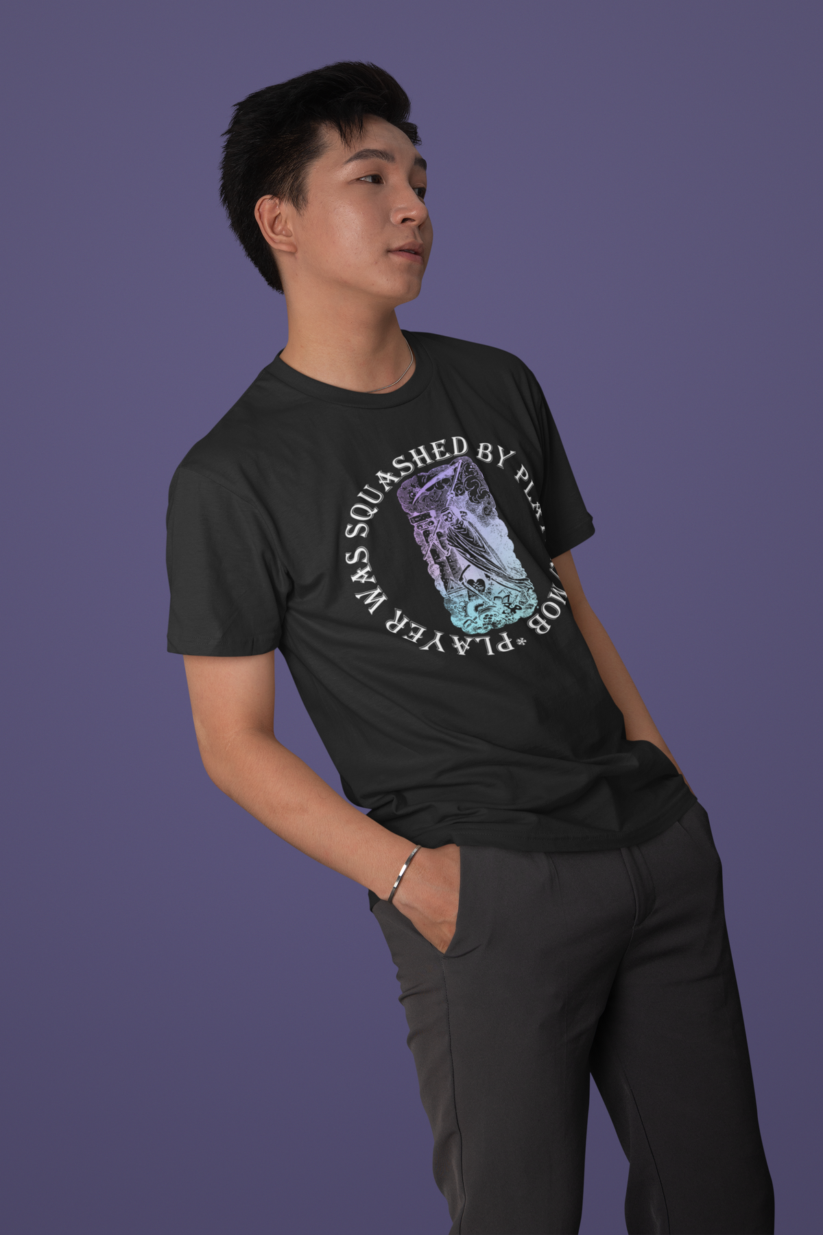 'Player Was Squashed By Player Mod' t-shirt in black, man posing studio shot