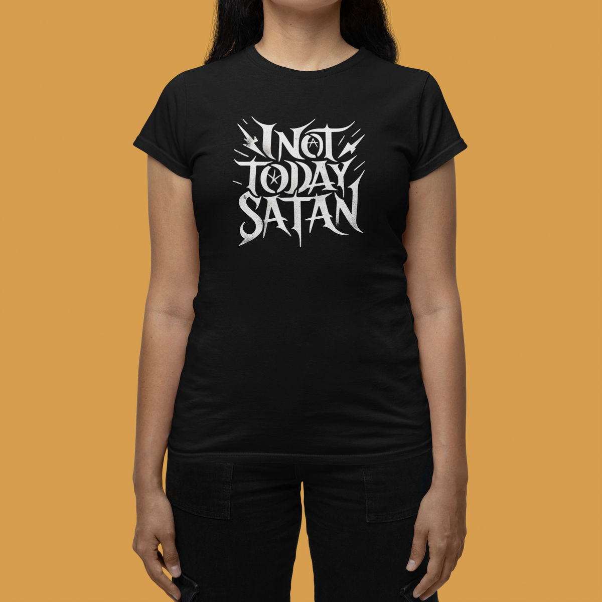 'Not Today Satan' women's tee in black, woman on mustard background, funny sarcastic tee gift