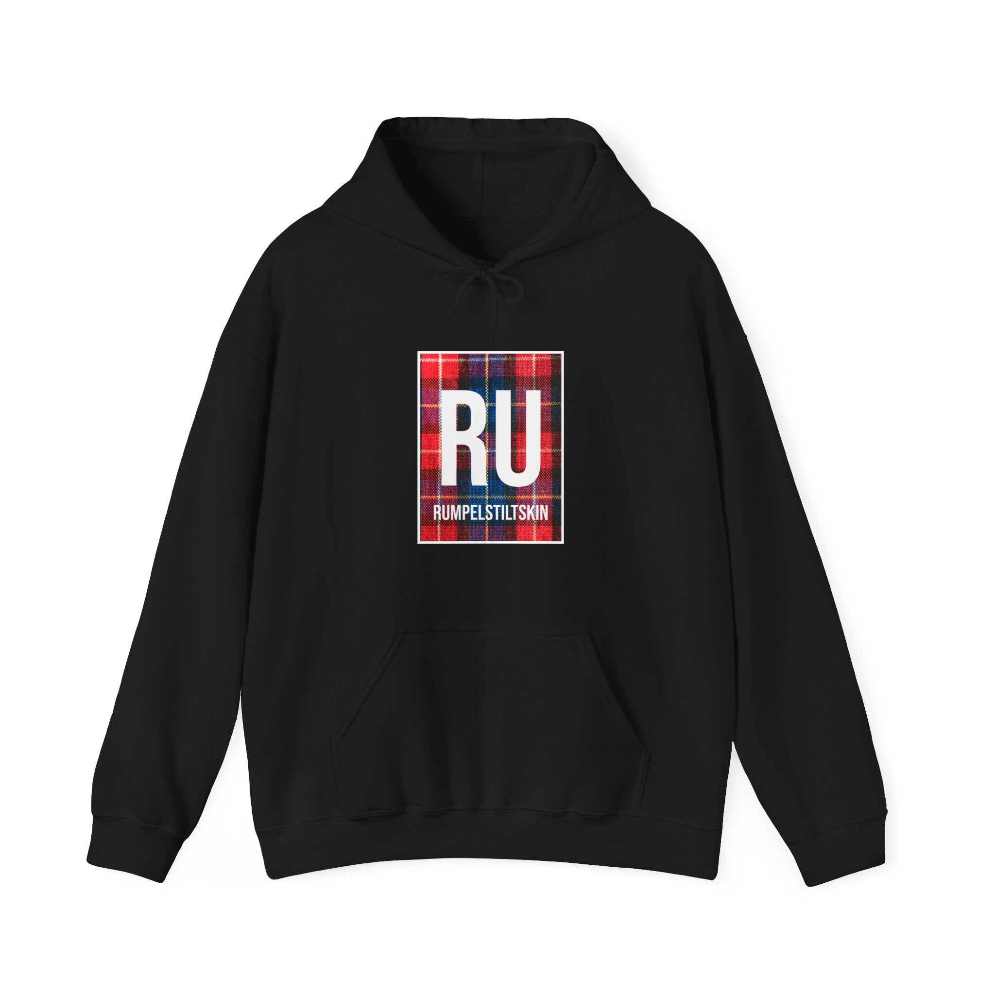A black hooded sweatshirt featuring a plaid-patterned rectangular graphic with "RU" in large white letters and "Rumpelstiltskin" written below, offering the ultimate comfort and style. Introducing the **RU - Hooded Sweatshirt**.