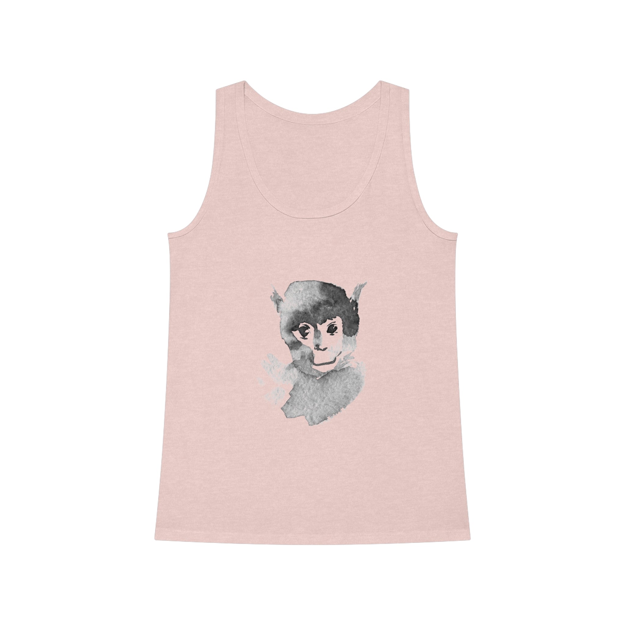 The Monkey Women's Dreamer Tank Top is a versatile and stylish tank top in light pink, made from organic cotton, and showcases a watercolor-style illustration of a monkey's face.