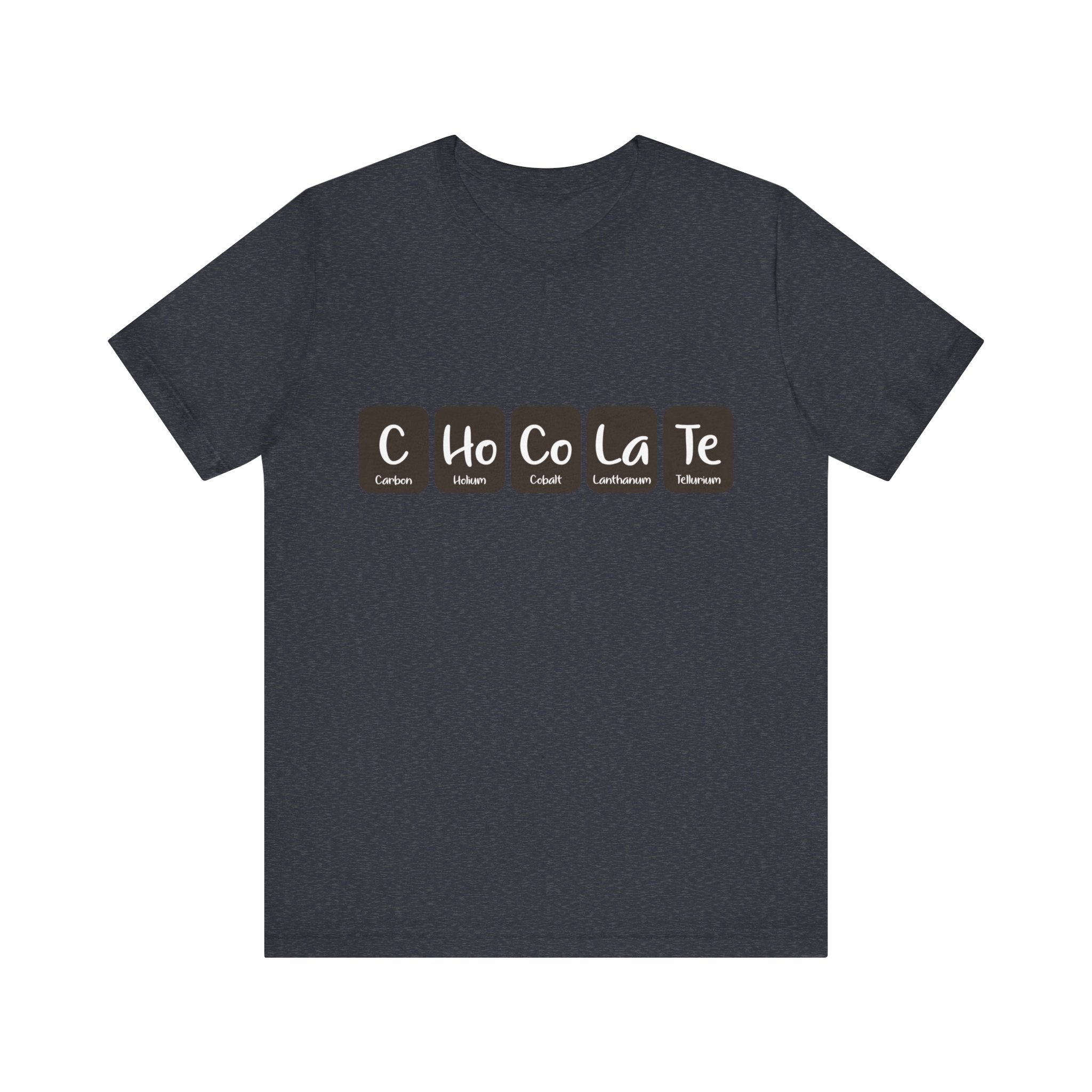 A fashionable black t-shirt features the word "C-Ho-Co-La-Te - T-Shirt" creatively spelled out using elements from the periodic table: Carbon (C), Holmium (Ho), Cobalt (Co), Lanthanum (La), and Tellurium (Te).