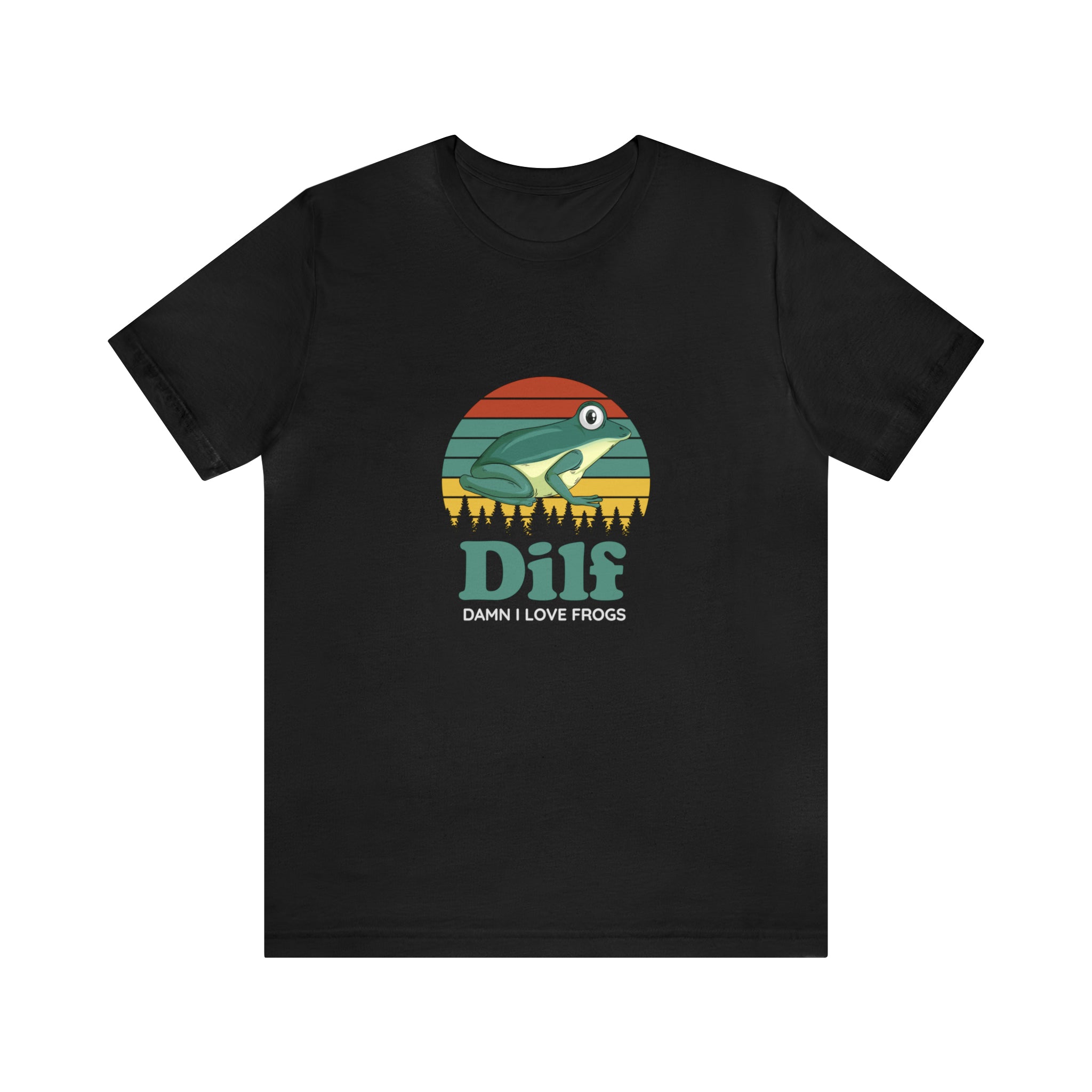A DILF T-Shirt by Printify with an image of a bird and a sunset.