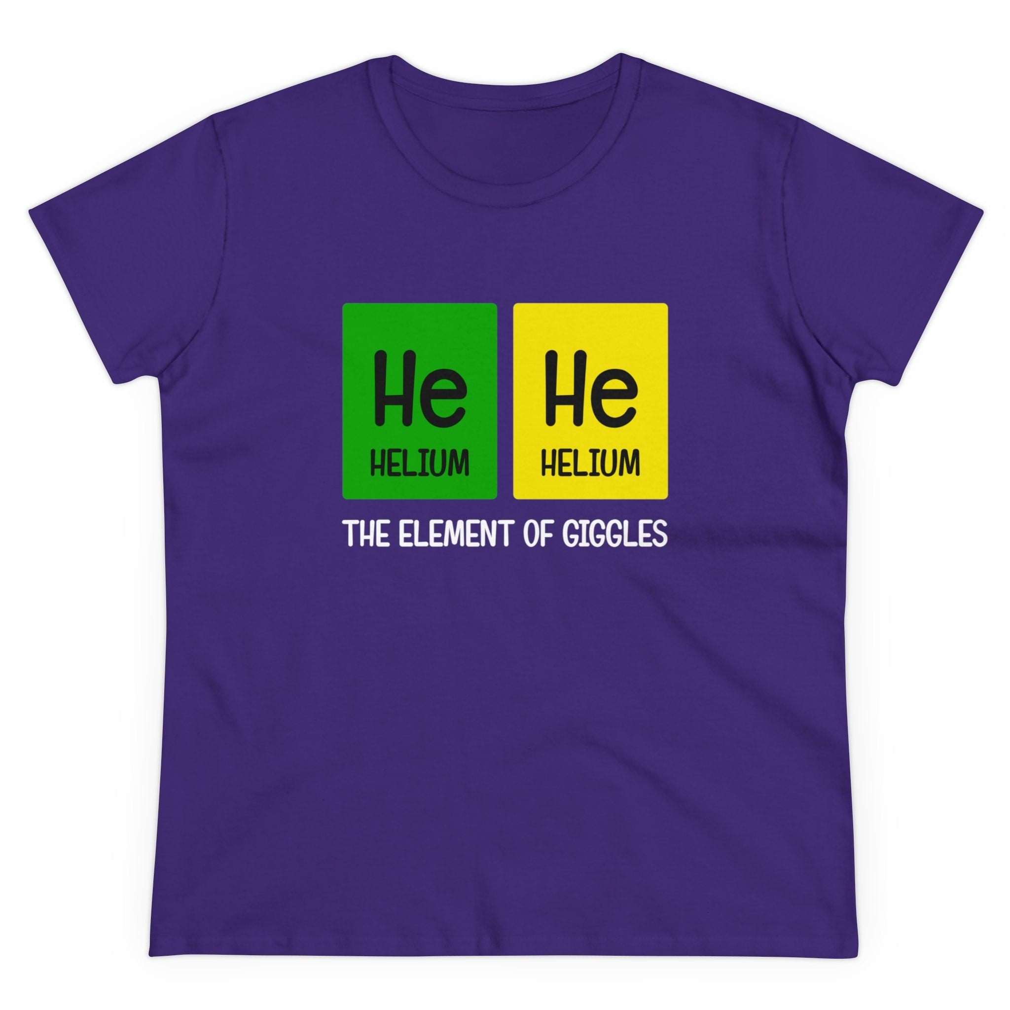 He-He - Women'sTee featuring periodic table elements for Helium (He) arranged to spell "He He" and the text "The Element of Giggles" below, made from ethically grown US cotton for a chic and comfy feel.