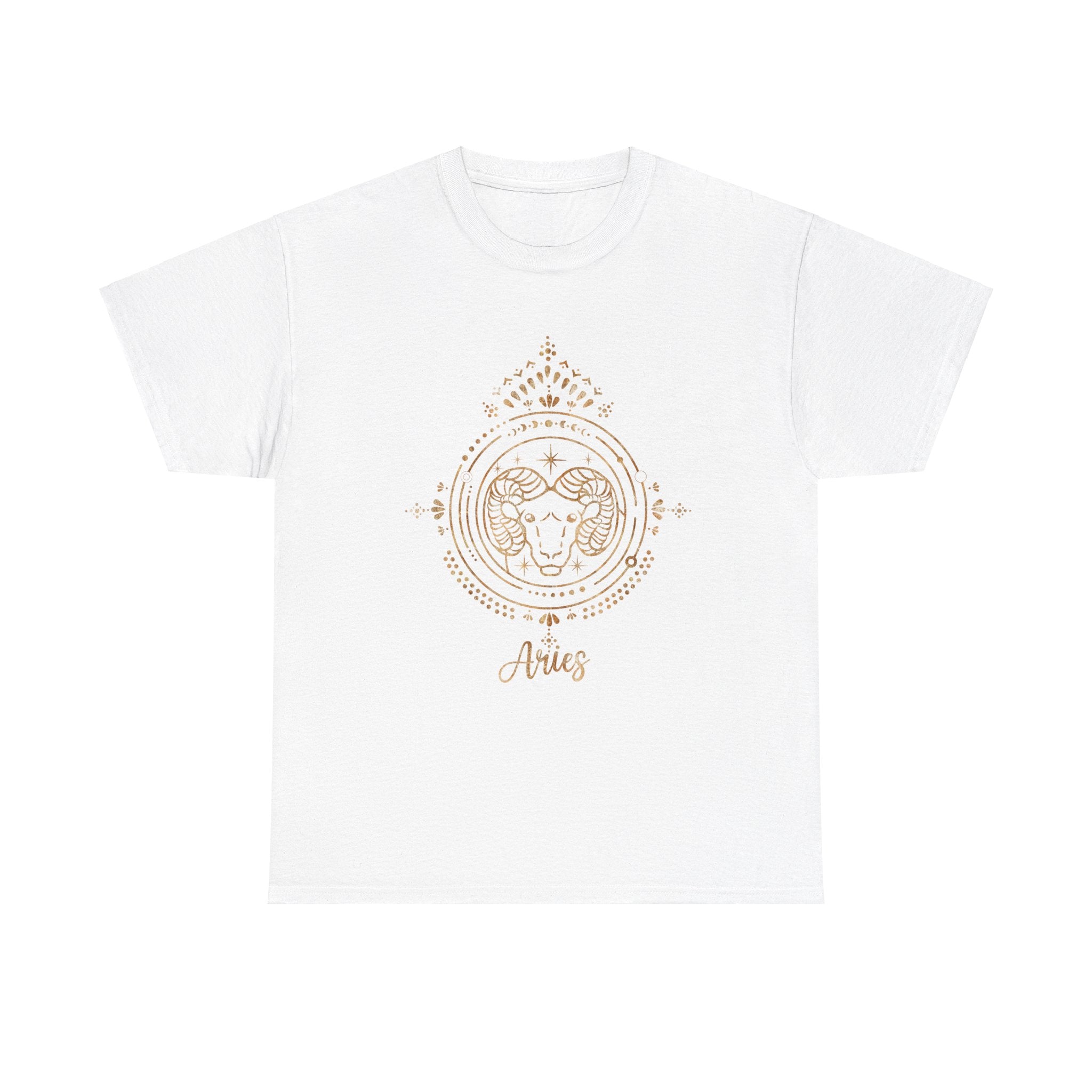 Aries T-Shirt in white, showcasing a gold zodiac design with ram horns and intricate details that encapsulate the energetic spirit of natural leaders.