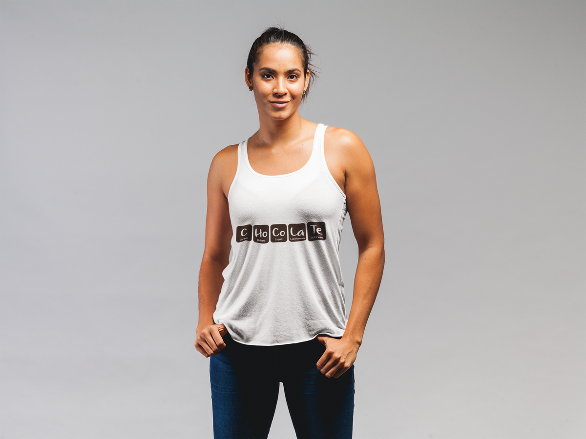 'Chocolate' racerback tank top in white, woman wearing it, funny chemistry pun gym gift