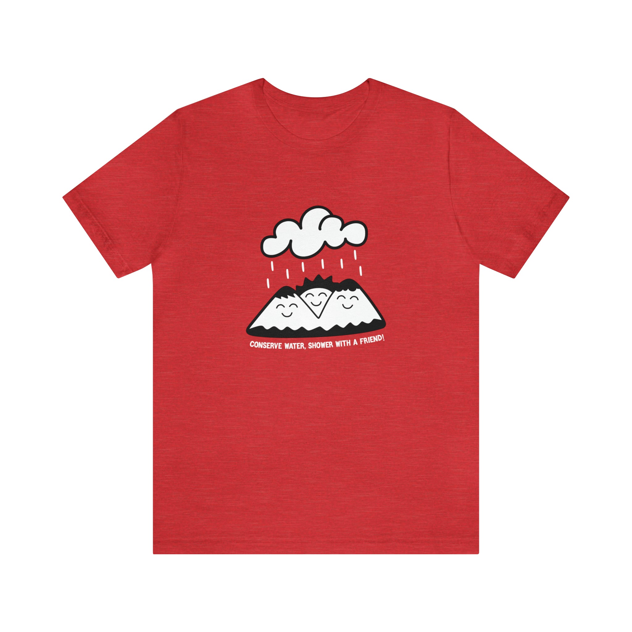 A Conserve Water Shower with a Friend T-Shirt with an image of a volcano and clouds, eco-friendly.