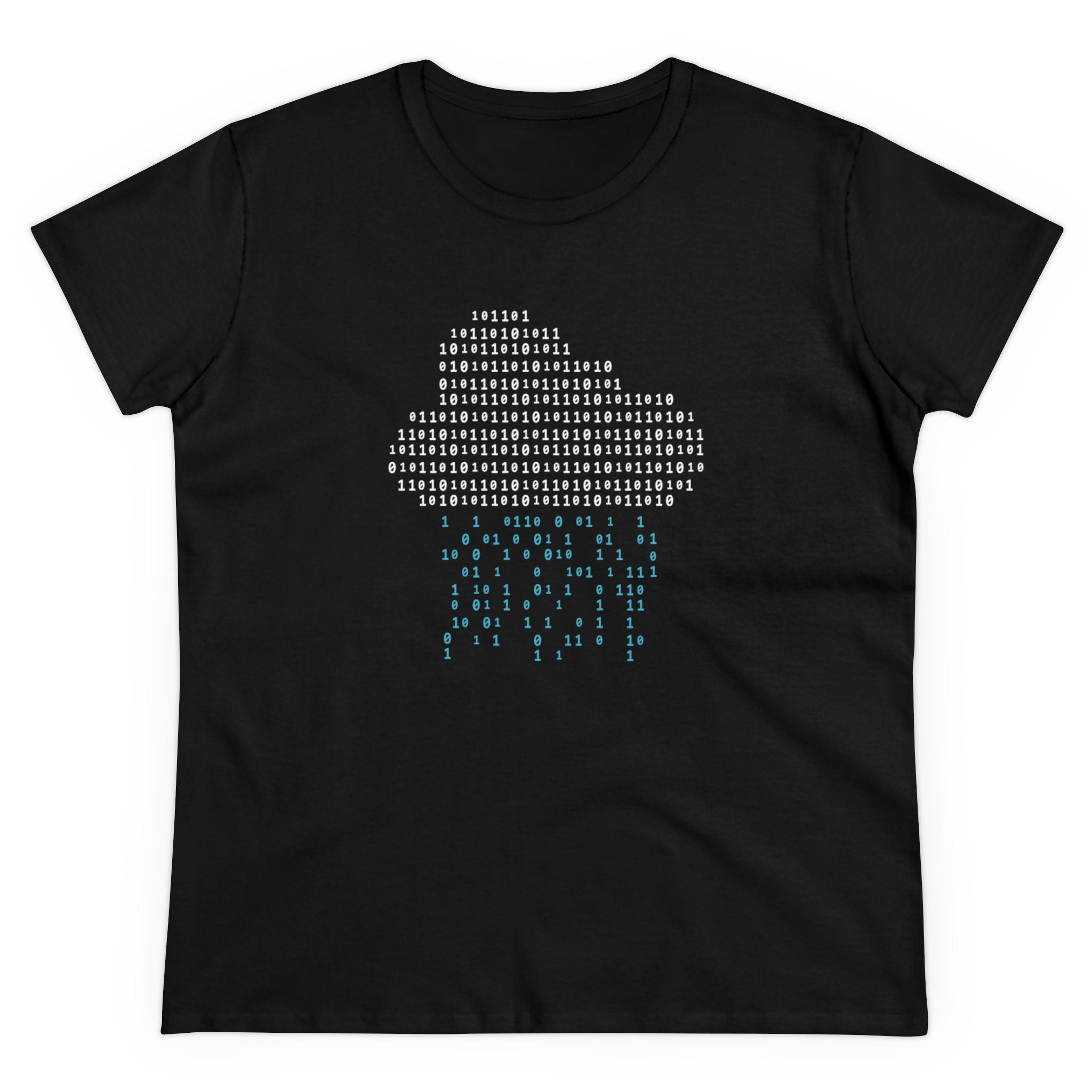 Binary Rain Cloud - Women's Tee: Black T-shirt showcasing a mesmerizing Binary Rain Cloud design, with a jellyfish image created using white binary code at the top and blue binary code at the bottom. This pre-shrunk tee ensures a perfect fit wash after wash.