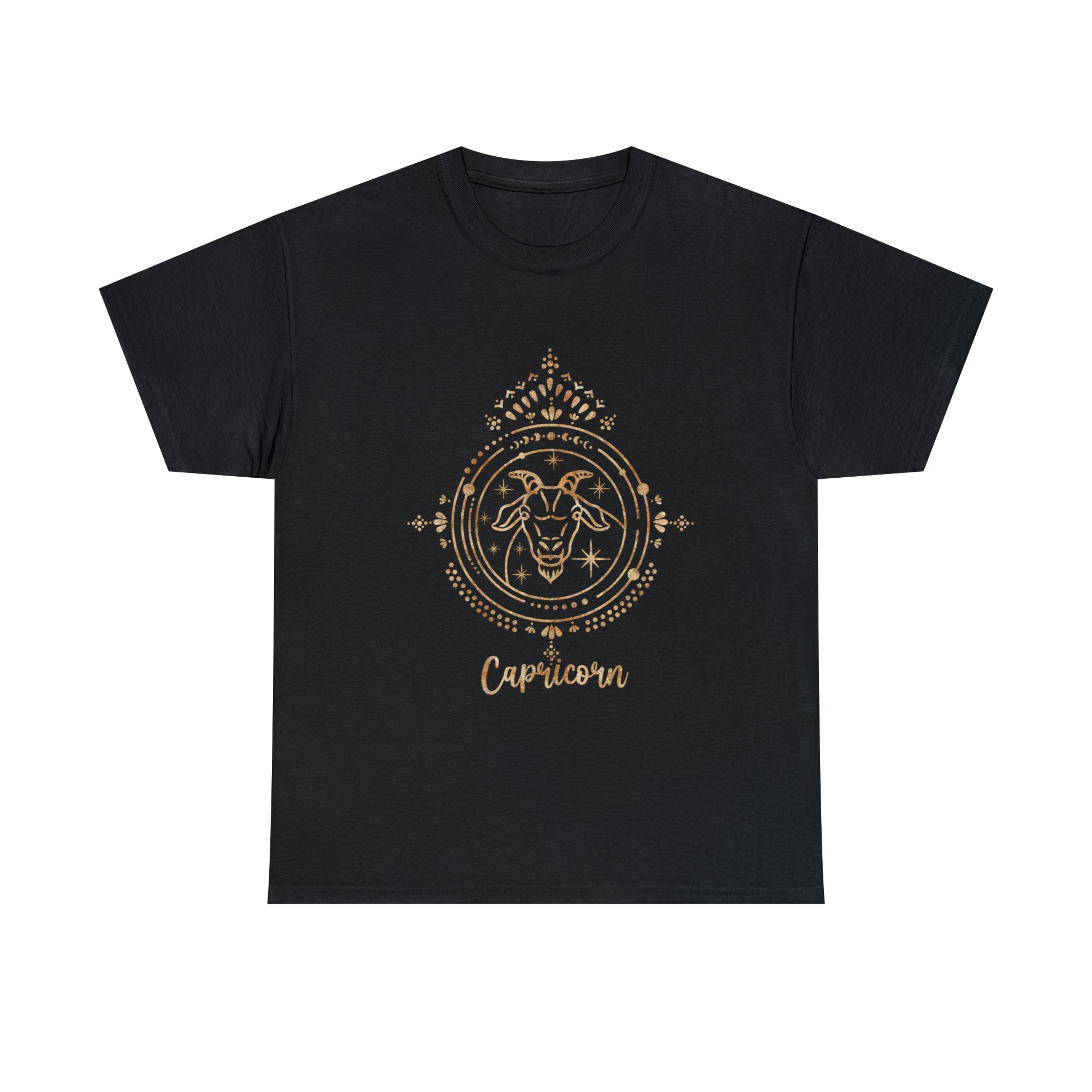 A Capricorn black t-shirt with a gold lion on it.