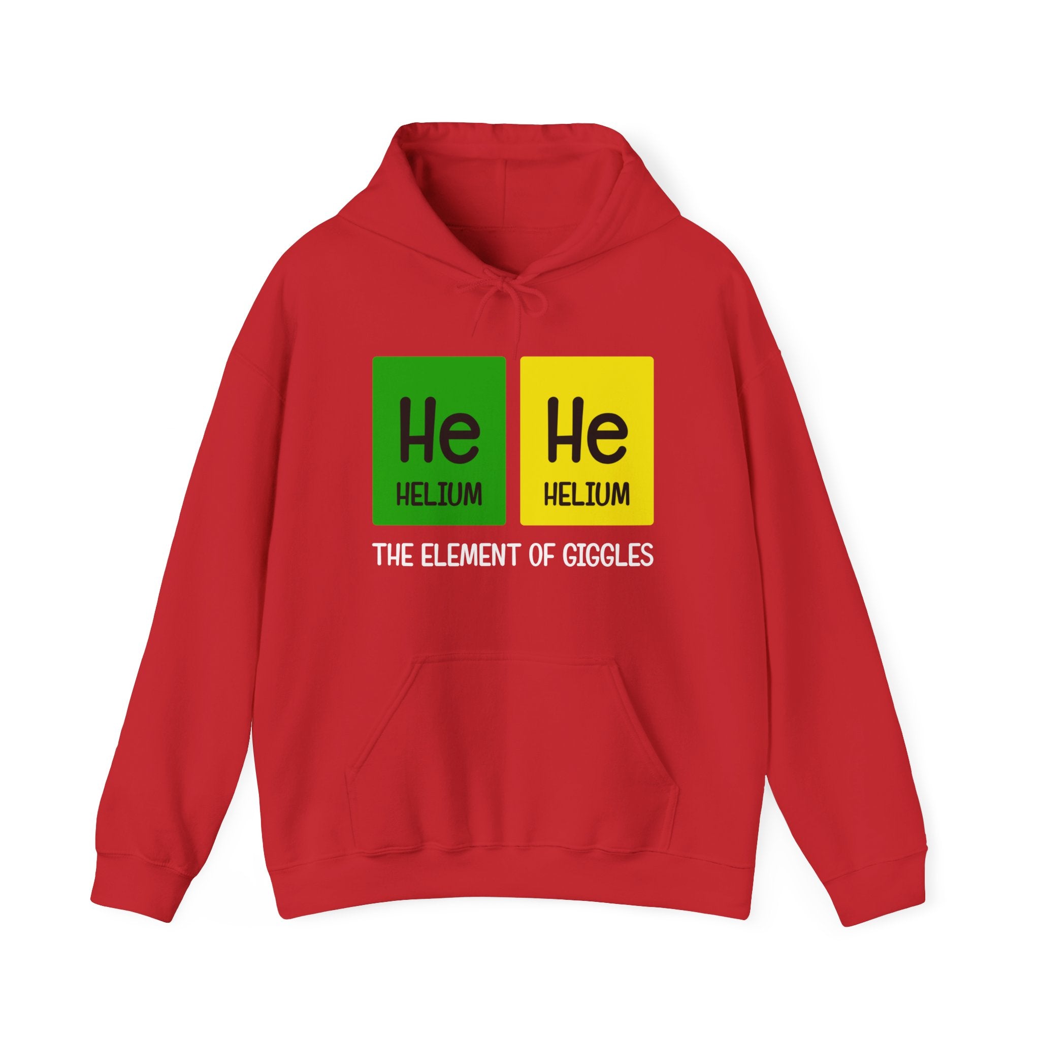 A stylish red He-He - Hooded Sweatshirt features a graphic of two periodic table squares marked "He, Helium" with the playful text "The Element of Giggles" below them.