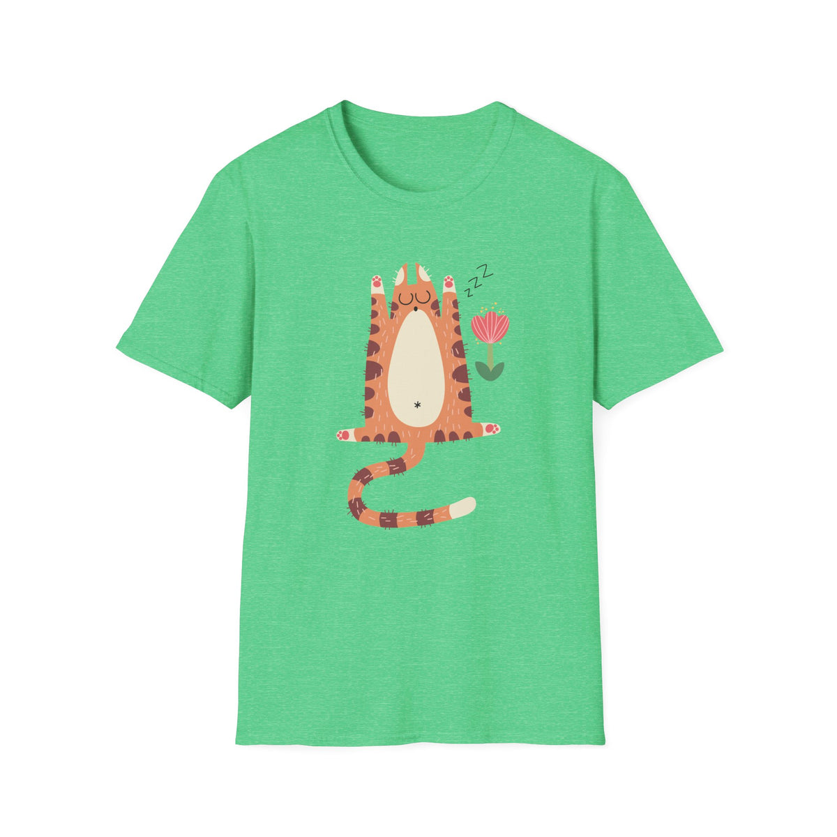 "You Make Me Go ZZZ" sleepy cat t-shirt in heather Irish green, flat lay front print, funny cat gift