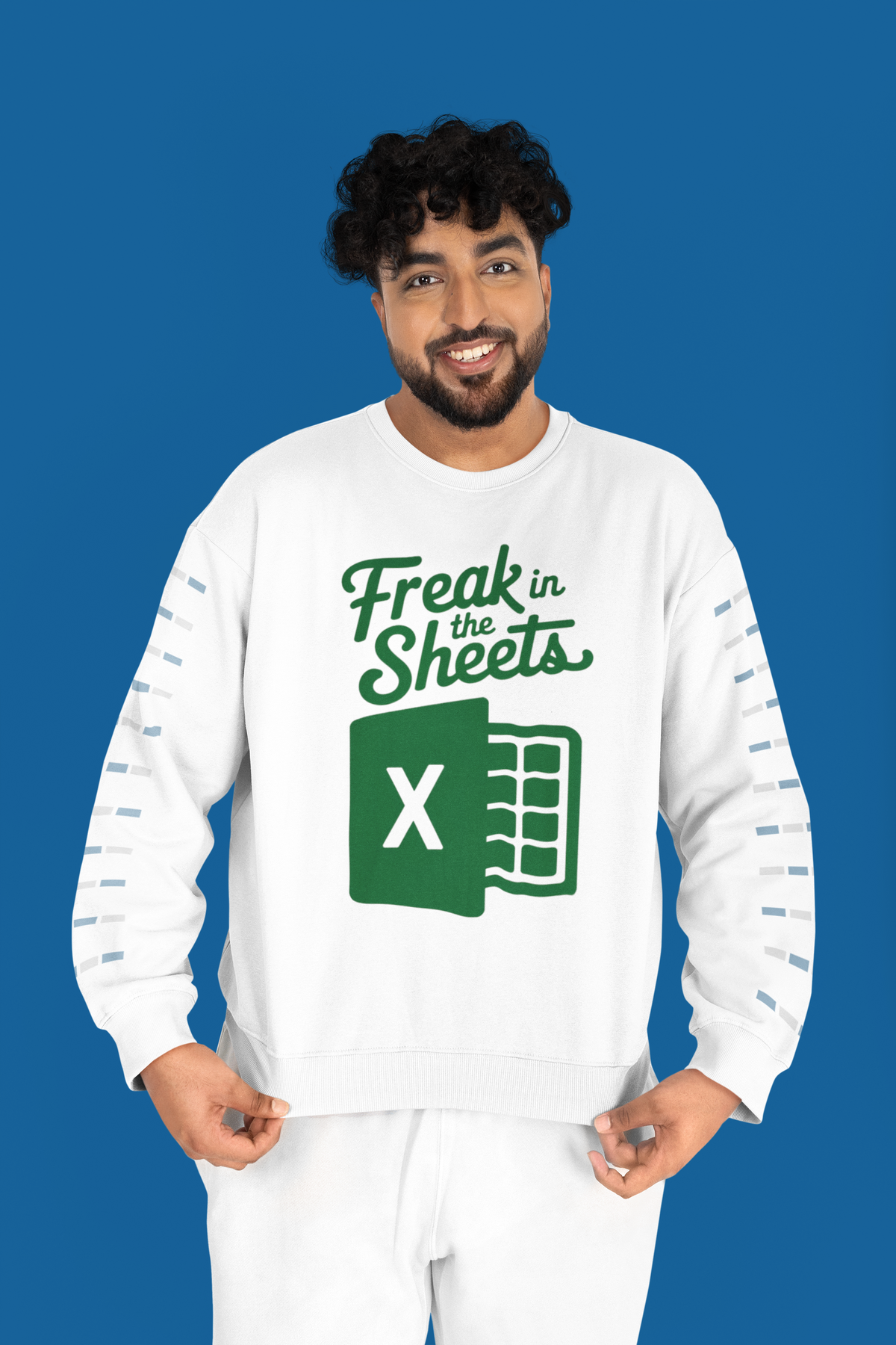 'Freak In The Sheets' sweatshirt in white, man wearing it on blue background, funny spreadsheet gift