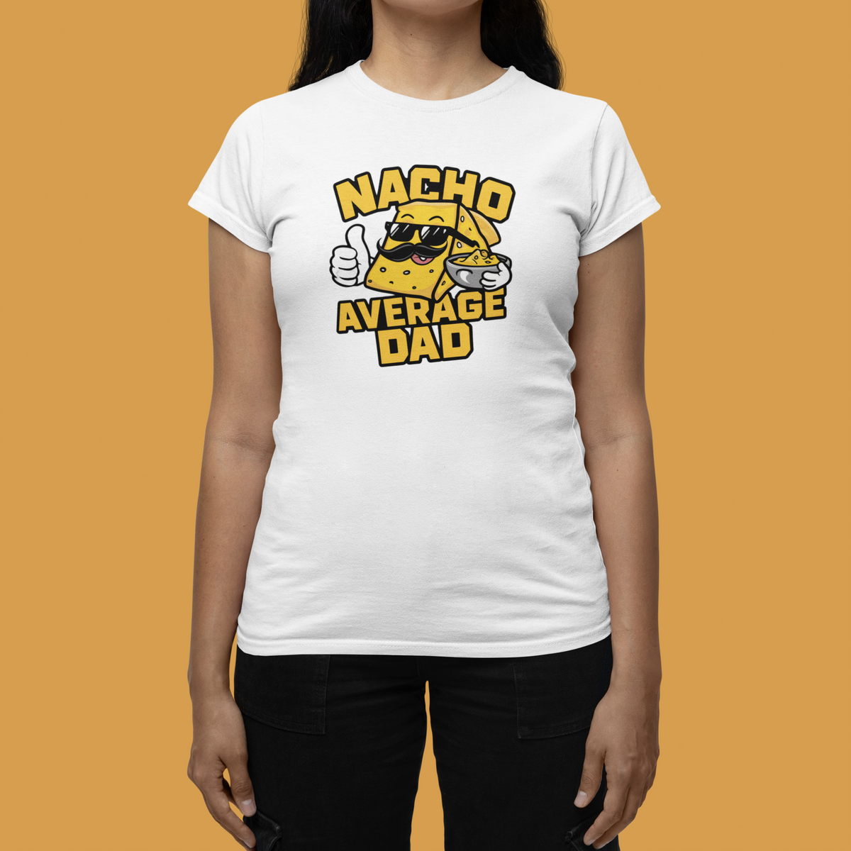 "Nacho Average Dad" women's tee in white, woman modeling it, funny gift for nacho loving dads