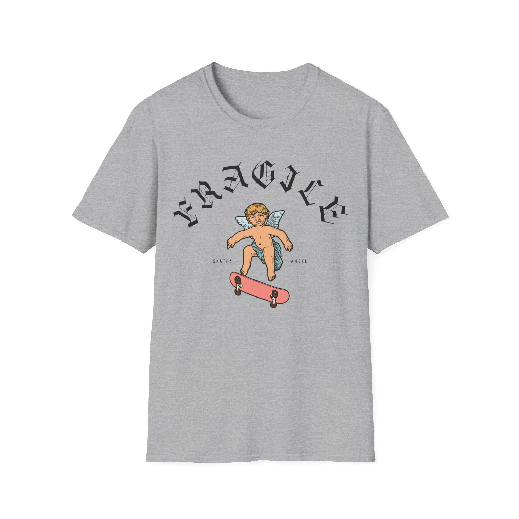 Relaxed fit Skater Angel gray t-shirt, featuring an illustration of an angel skating with the word "FRAGILE" printed above in stylized text.