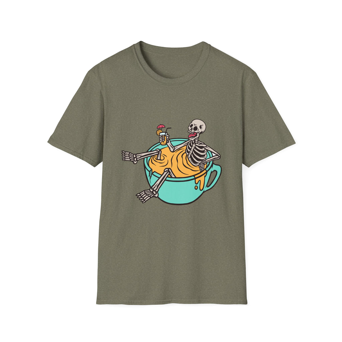 'Relaxing Skull' skeletons in a teacup t-shirt in olive green, front print visible, funny coffee gift