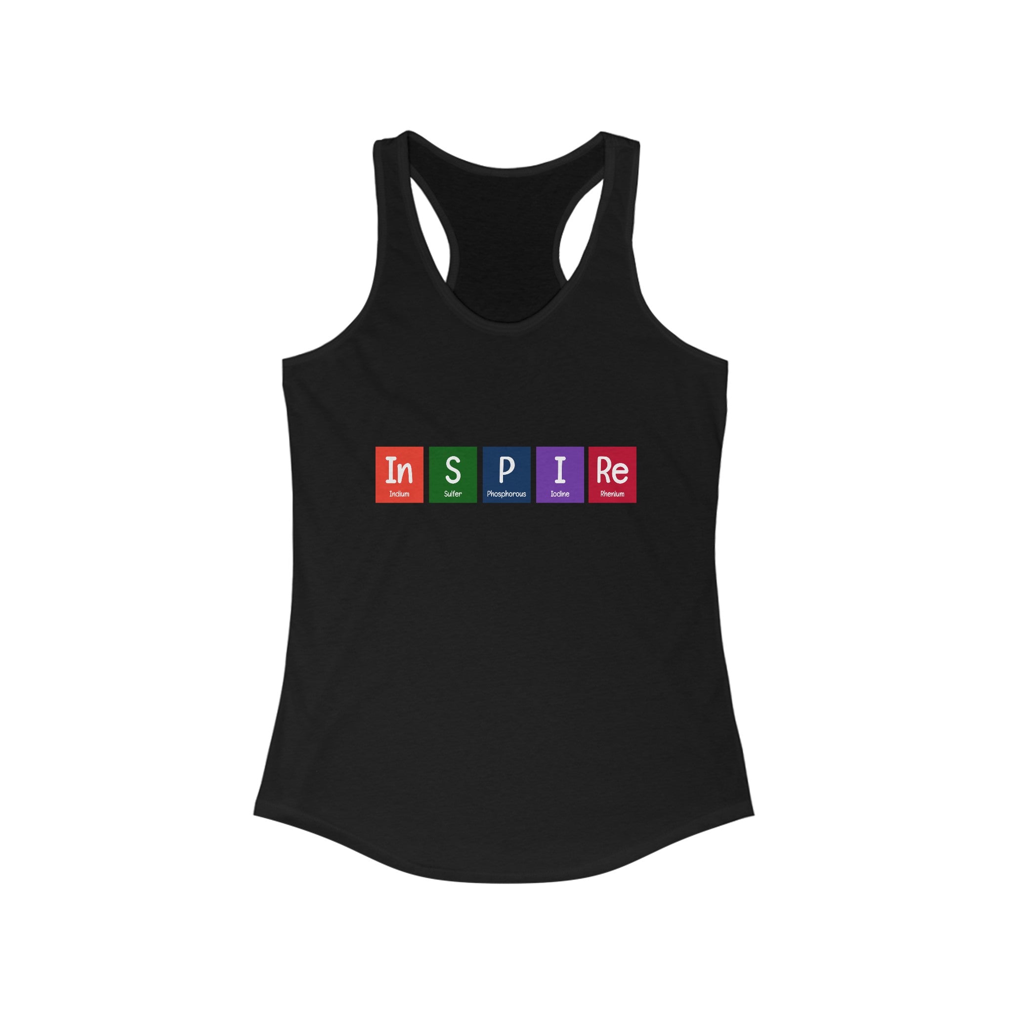 Ultra-light black In-S-P-I-Re - Women's Racerback Tank with the word "INSPIRE" creatively written using elements from the periodic table on the front, perfect for active living.