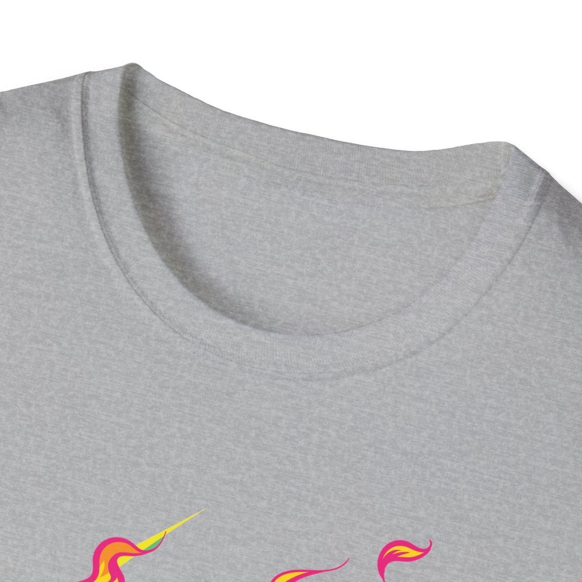 Close-up of 'Skull in Flames' t-shirt neckline in heather grey with flame print peeking, funny gothic tee