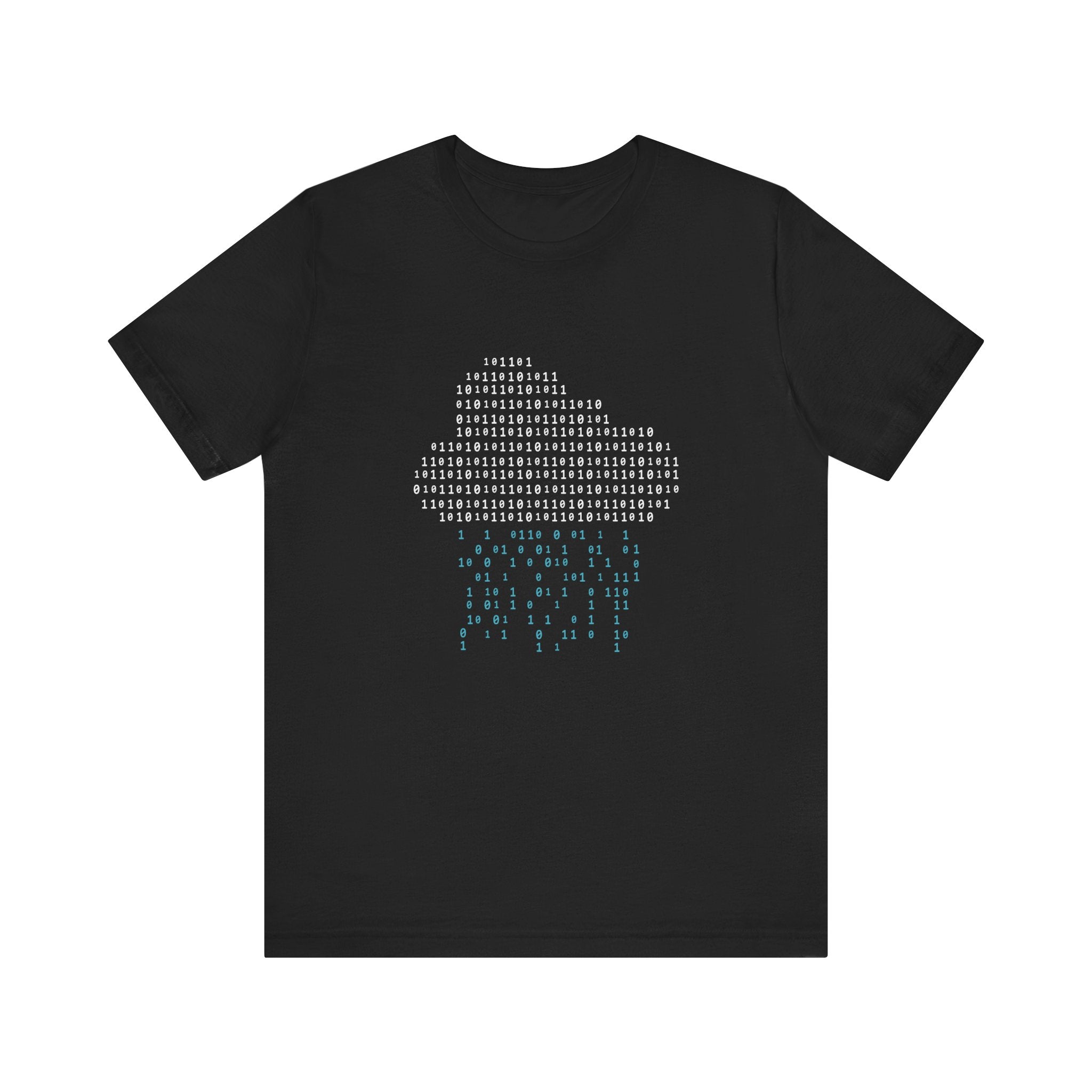 Our Binary Rain Cloud - T-Shirt features a black t-shirt with a cloud and rain design formed by binary code, crafted from soft Airlume combed ring-spun cotton.
