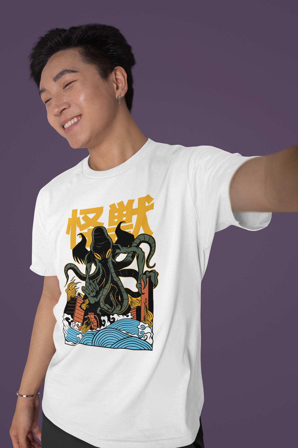 'Kaiju' Cthulhu tentacle monster t-shirt in white, man taking selfie, funny gift for horror fans