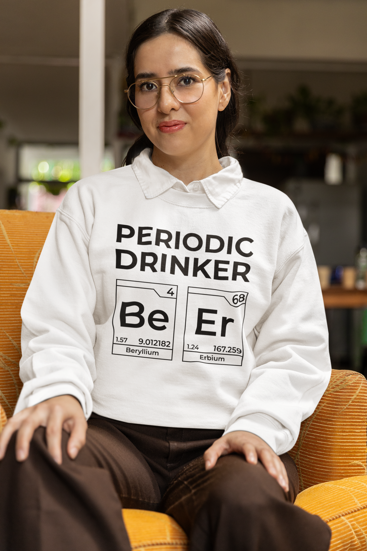 periodic table drinker element pun crewneck sweatshirt, worn outdoors by model