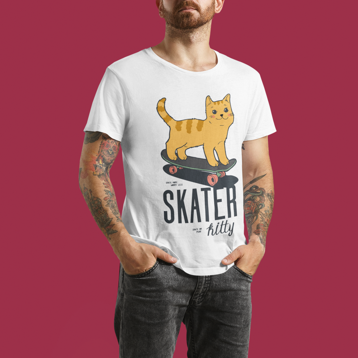 "Skater Kitty" cat on skateboard t-shirt in white, tattooed man wearing it, funny cat lover gift